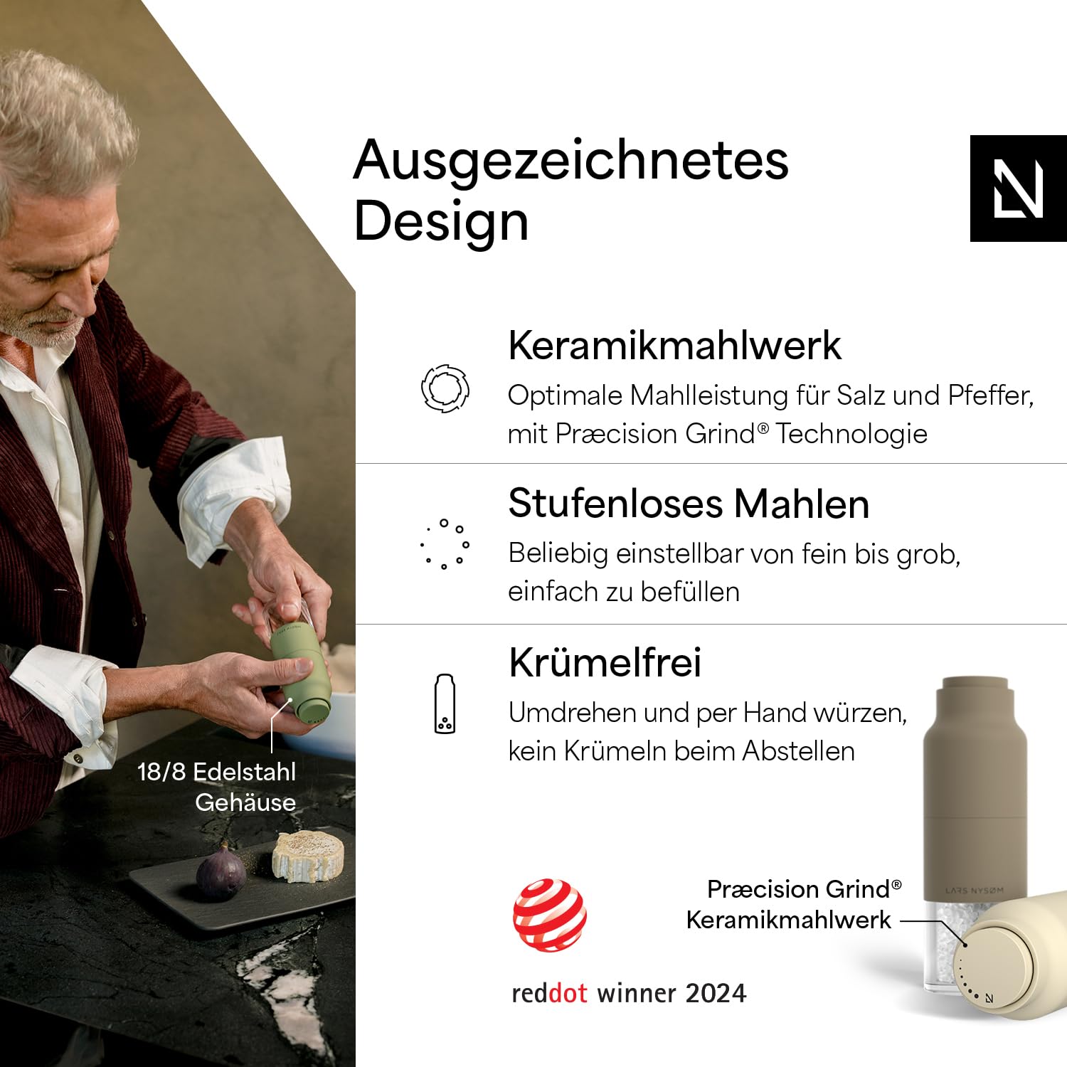 LARS NYSØM Salz und Pfeffermühle Set mit verstellbarem Keramikmahlwerk I Edelstahl Pfeffermühle und Salzmühle I Gewürzmühlen Set