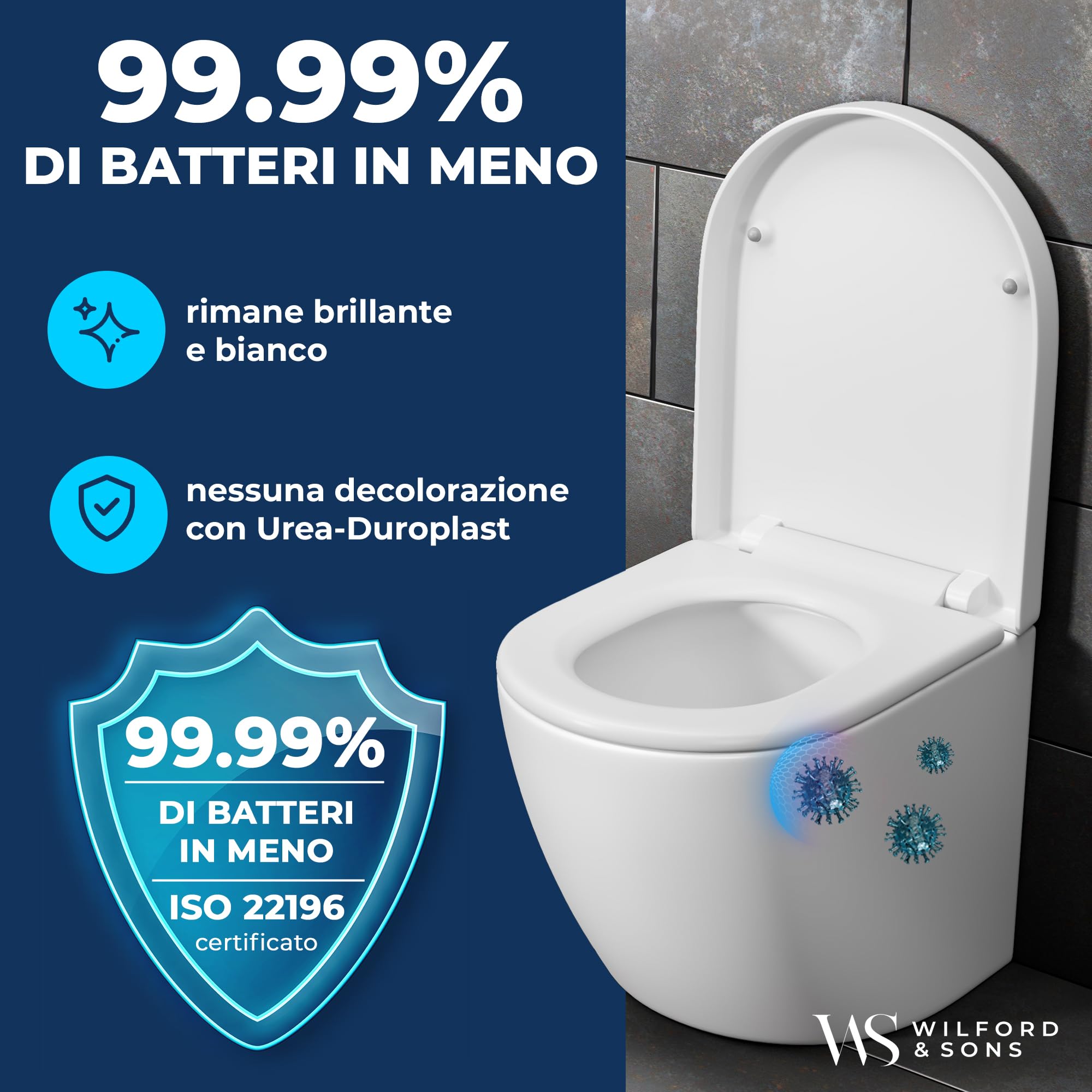 Wilford & Sons PREMIUM Coperchio del WC - Sedile WC con Chiusura Ammortizzata - Copriwater D-Form Bianco - Sedile del water di alta qualità - Sedile WC removibile - Sedile per toilette in Duroplast