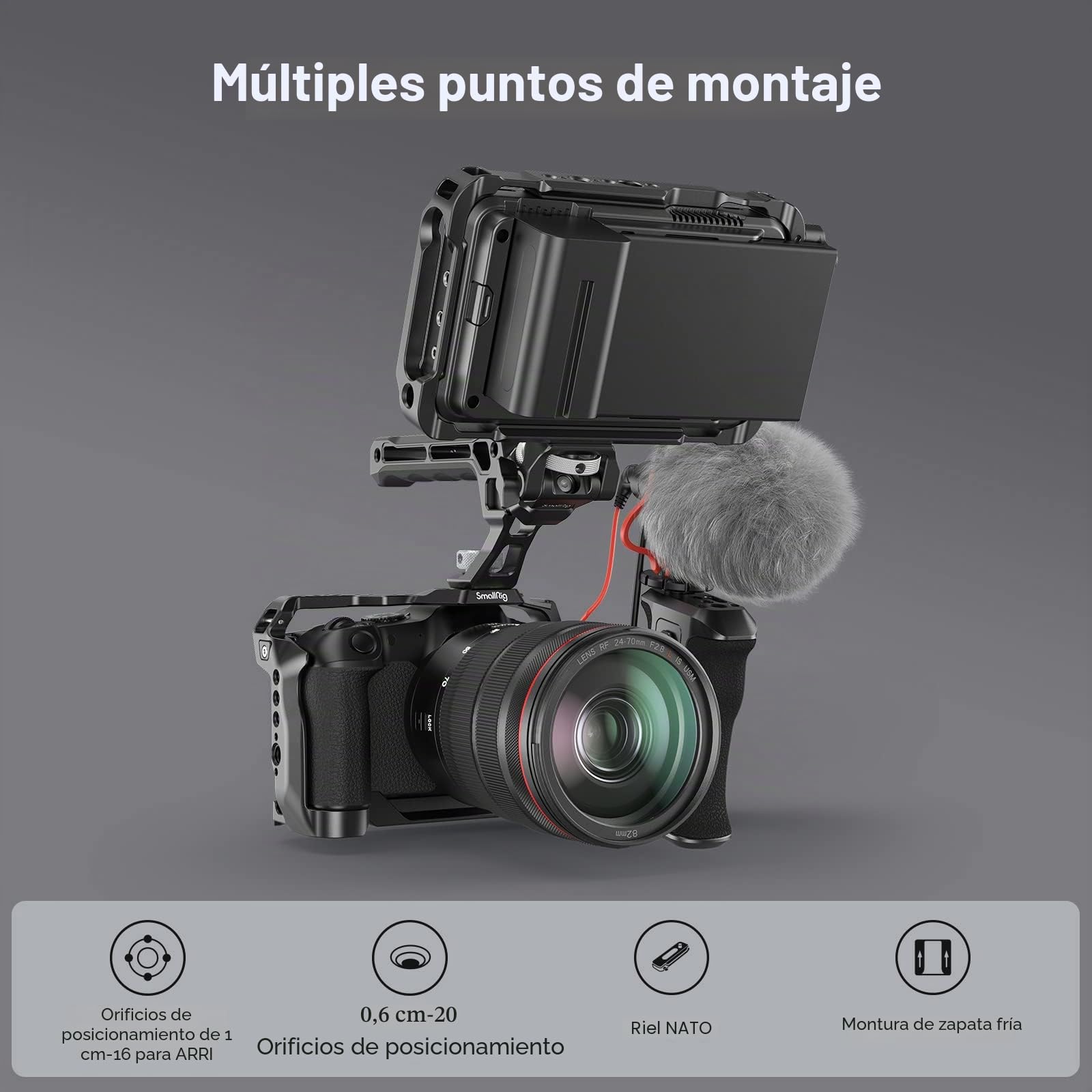 SMALLRIG Cage para Canon R8, Jaula de Cámara para EOS R8 con Orificios Roscados de 1/4"-20, Orificios de Ubicación de 3/8"-16 para ARRI, Zapata Incluida, Puerto QD y NATO Rail - 4212