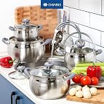 Ensemble de casseroles et poêles modernes Daniks de 10 pièces en acier inoxydable avec couvercles en verre, comprend une casserole, bases à trois couches, compatible avec induction, lavable au lave-vaisselle, poignées ergonomiques