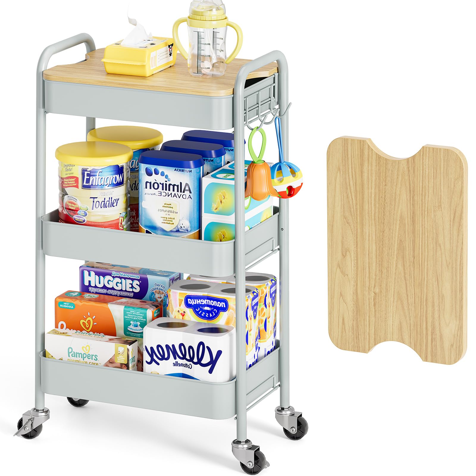 kingrack Chariot à roulettes à 3 niveaux, chariot utilitaire en métal avec plateau en bois amovible, chariot de rangement pour loisirs créatifs, chariot de service facile à assembler, vert