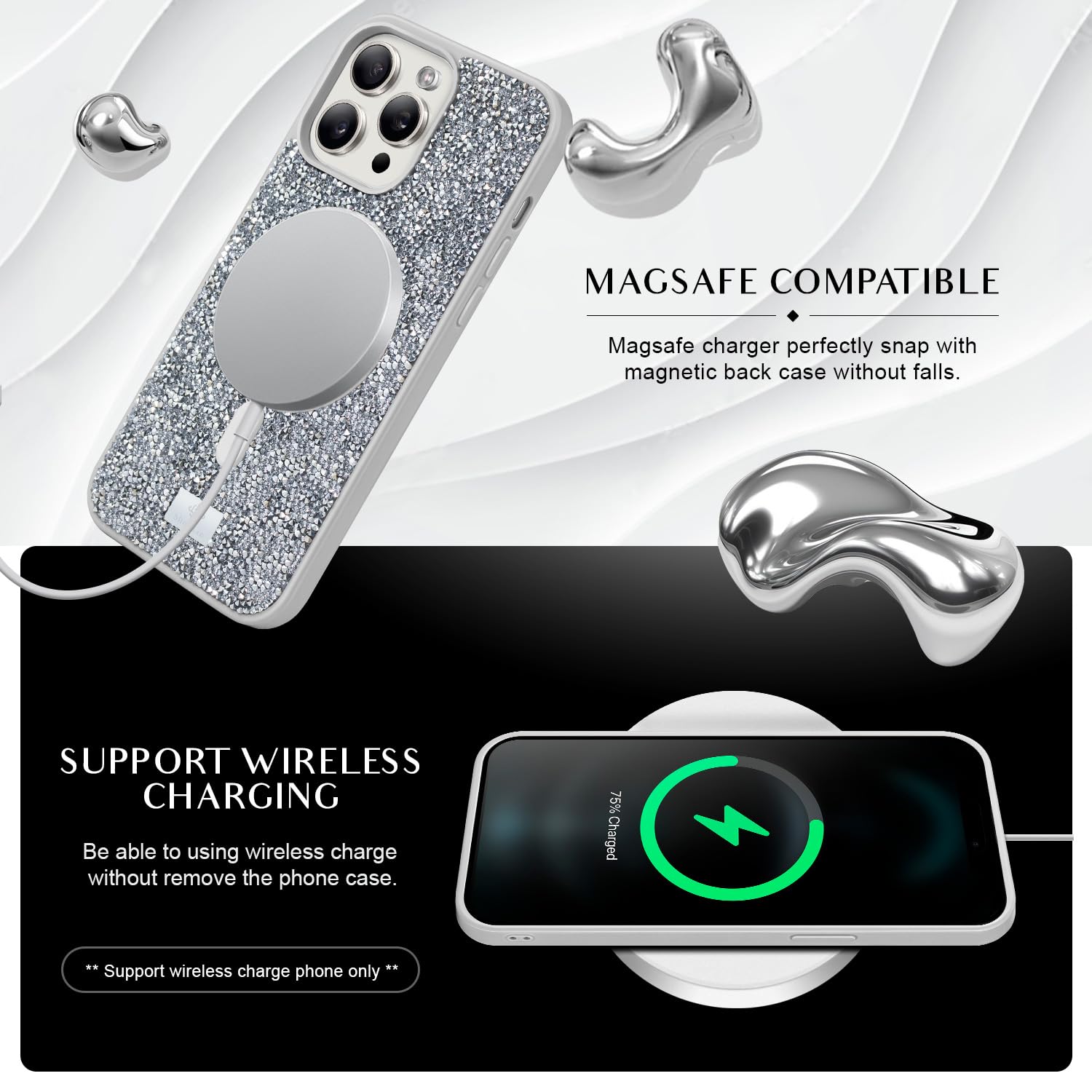 Custodia Compatibile IPhone 15 Pro Con Diamanti Glitterati, Magnetico Per MagSafe, Trasparente, TPU Morbido Antiurto, Protezione Fotocamera