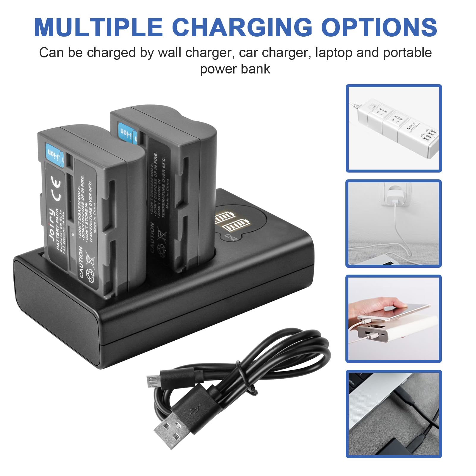 2 x EN-EL3E reservebatterij en dubbele oplader, compatibel met Nikon D50, D70, D70s, D80, D90, D100, D200, D300, D300S, D700 D900 digitale camera's