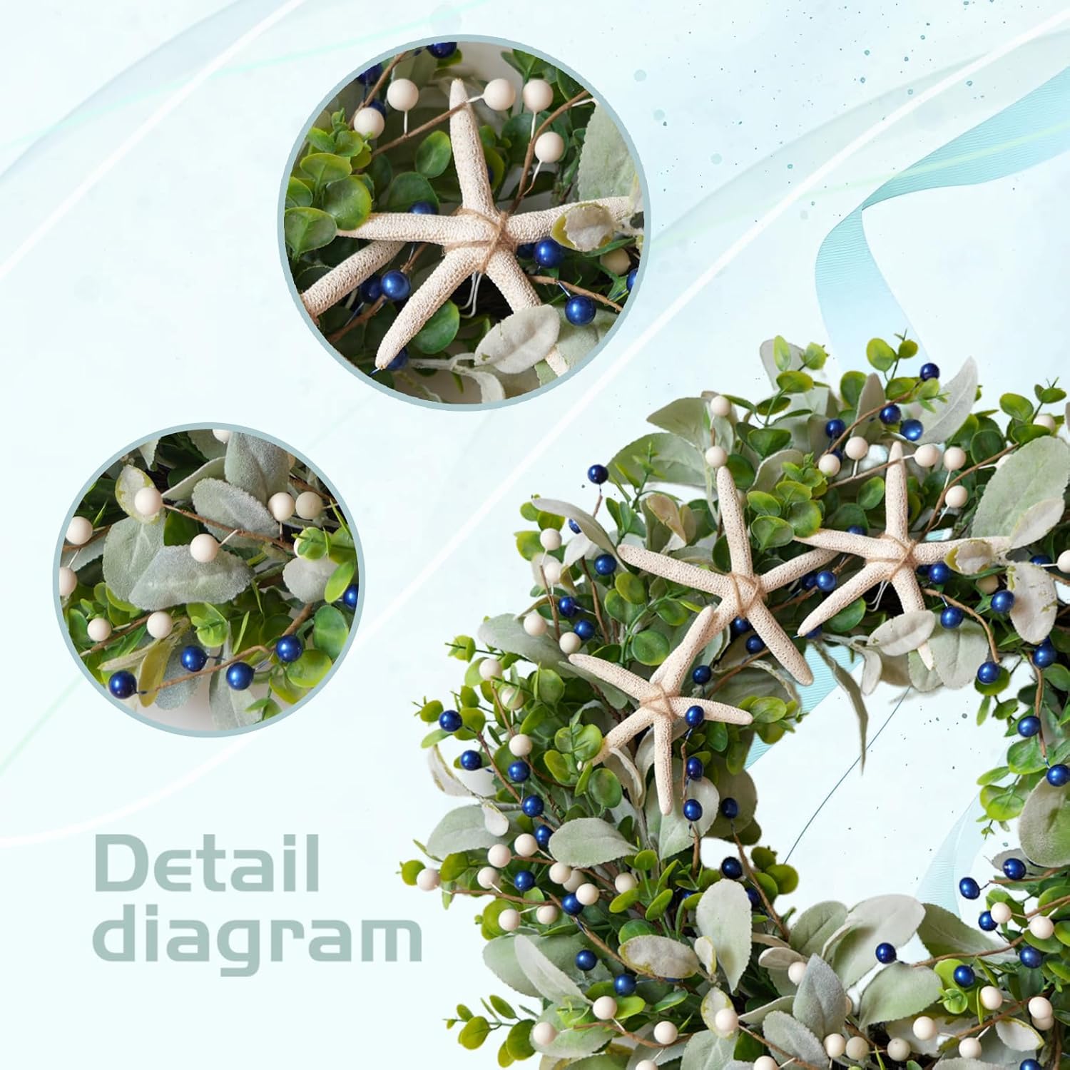 22-inch Green Front Door Wreath Coastal Artificial Starfish & Berries Wreath for Wall, Mantel, Entryway Greenery Decor Nautical Beach Style