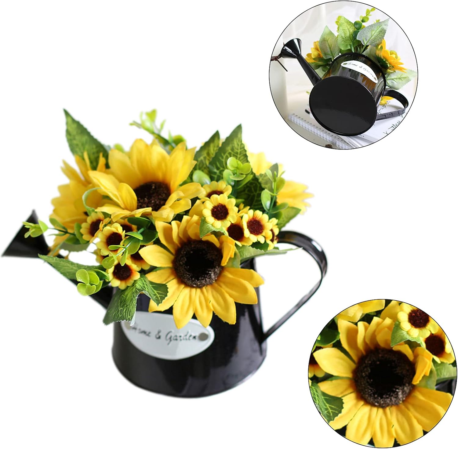 Artificial Flower Daisy Pot Potted, Plants Sunflower Black Kettle Pot, Silk Artificial Flower Daisy Metal Pot Bonsai, Fake Bonsai Plants Bouquet with Vase for Garden Wedding Centerpieces Decor