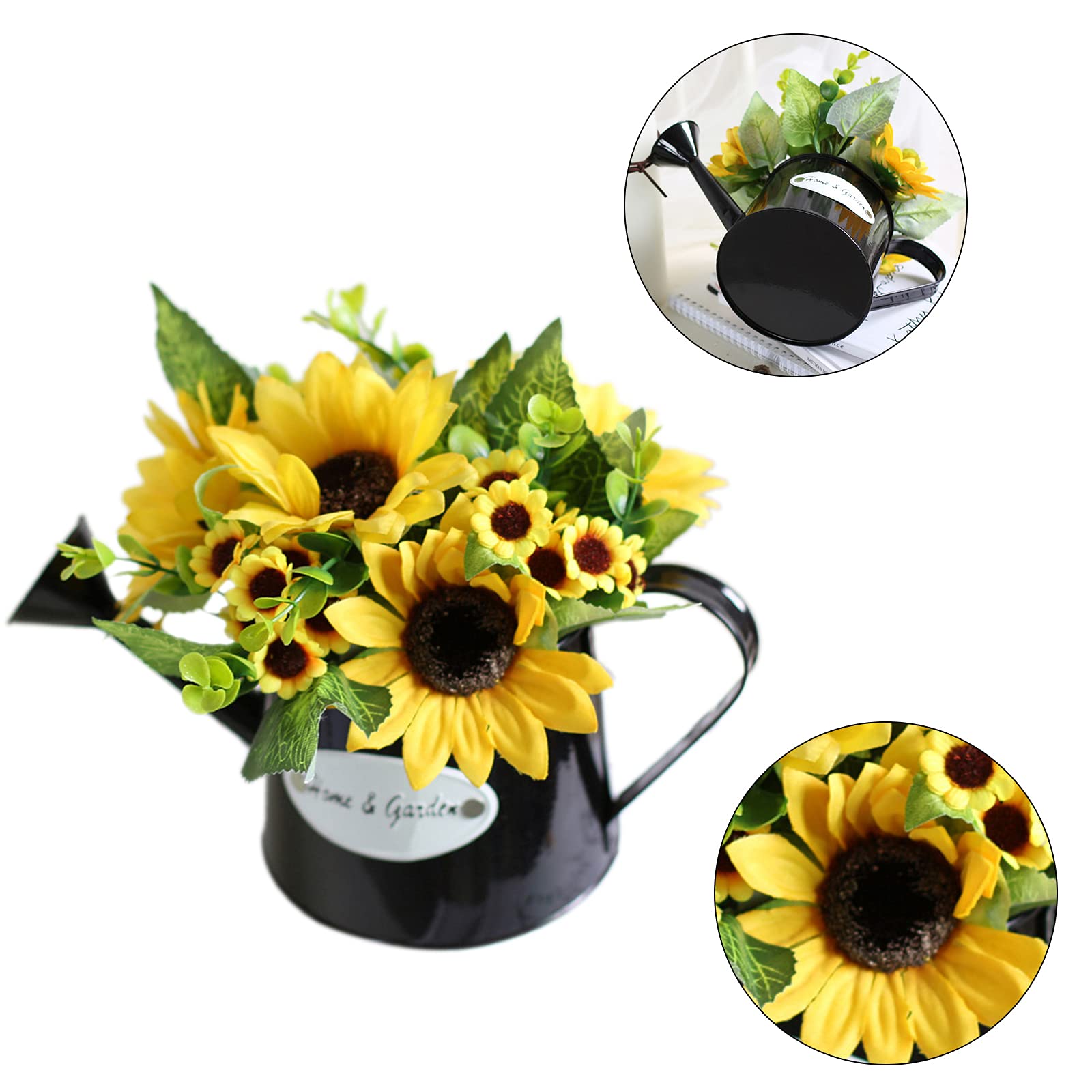 ZHDOKA Artificial Flower Daisy Pot Potted, Plants Sunflower Black Kettle Pot, Silk Artificial Flower Daisy Metal Pot Bonsai, Fake Bonsai Plants Bouquet with Vase for Garden Wedding Centerpieces Decor