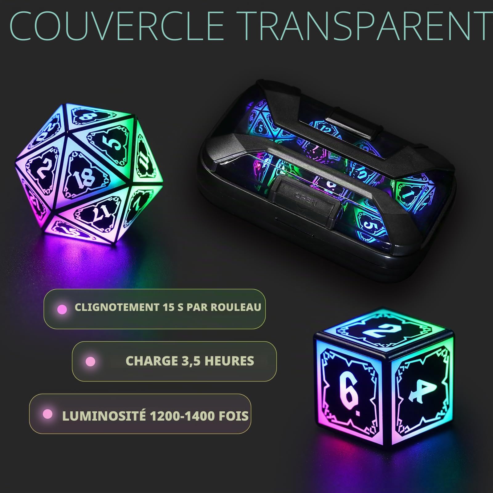 FONVGOGO Dés JDR Dés Jeu de Role pour Donjon et Dragon, Set de des JDR 7 Pièces Lumineux sans Fil Rechargeables avec Boîtier de Chargement Polyédriques DND Dice Set (Coloré)