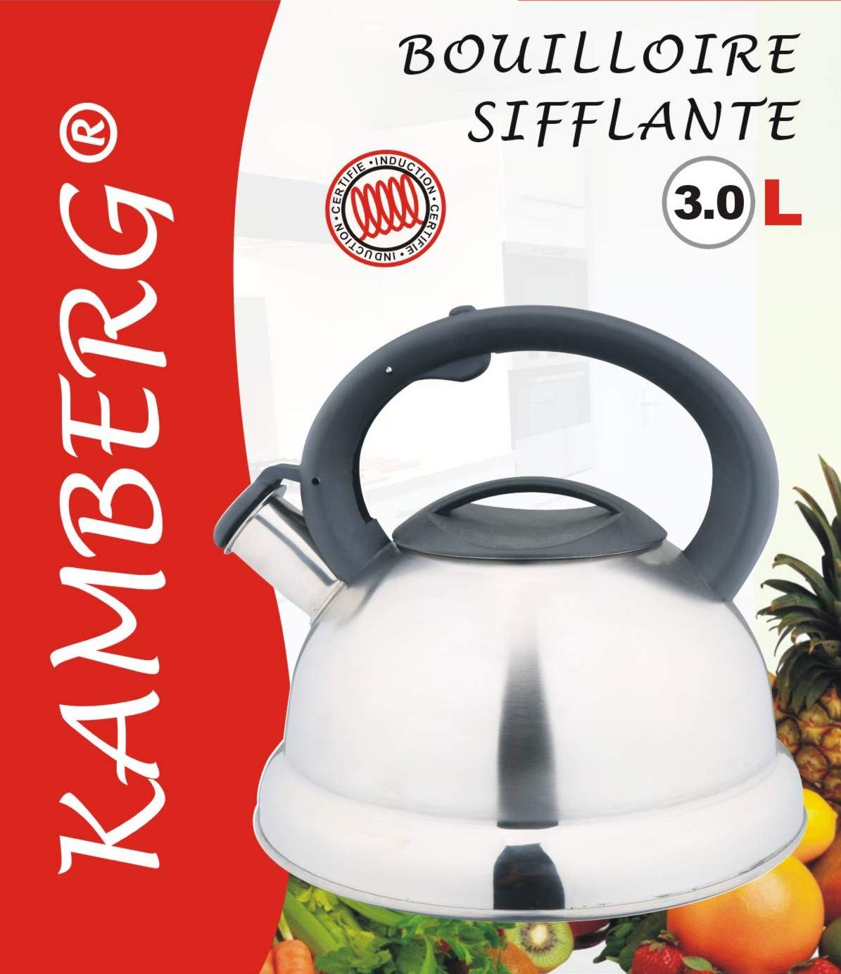 Kamberg – 0008112 – Wasserkocher/Teekessel 3 Liter – Edelstahl – Ergonomischer Griff – Für alle Herdarten, auch Induktion