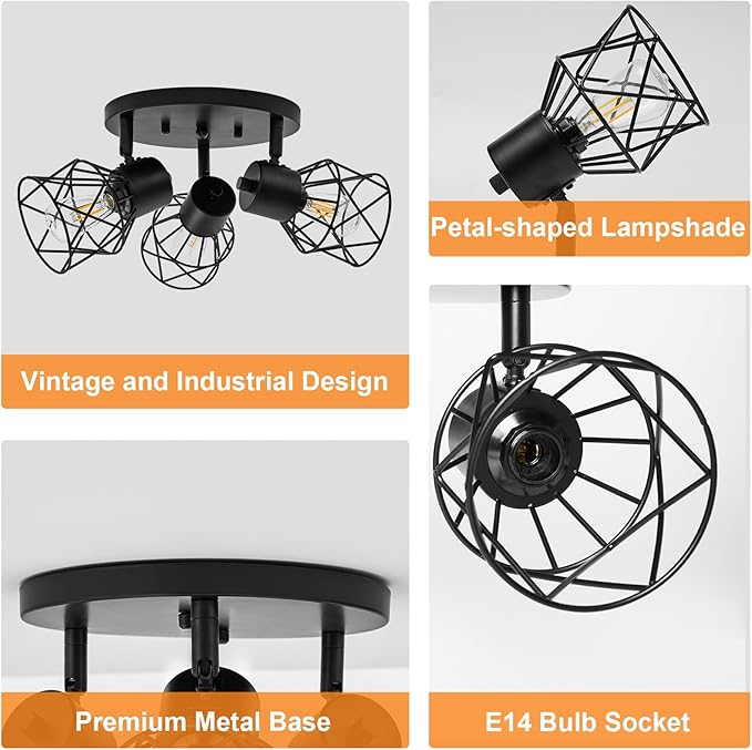CELAVY LED Ceiling Spotlight 3 Lights, Vintage Ceiling Lamp, Spotlight, E14, Rotatable, Ceiling Lamp, Living Room, Bedroom, Kitchen, Hallway, Ceiling Spotlight, Metal, Without Bulbs, Black photo 3