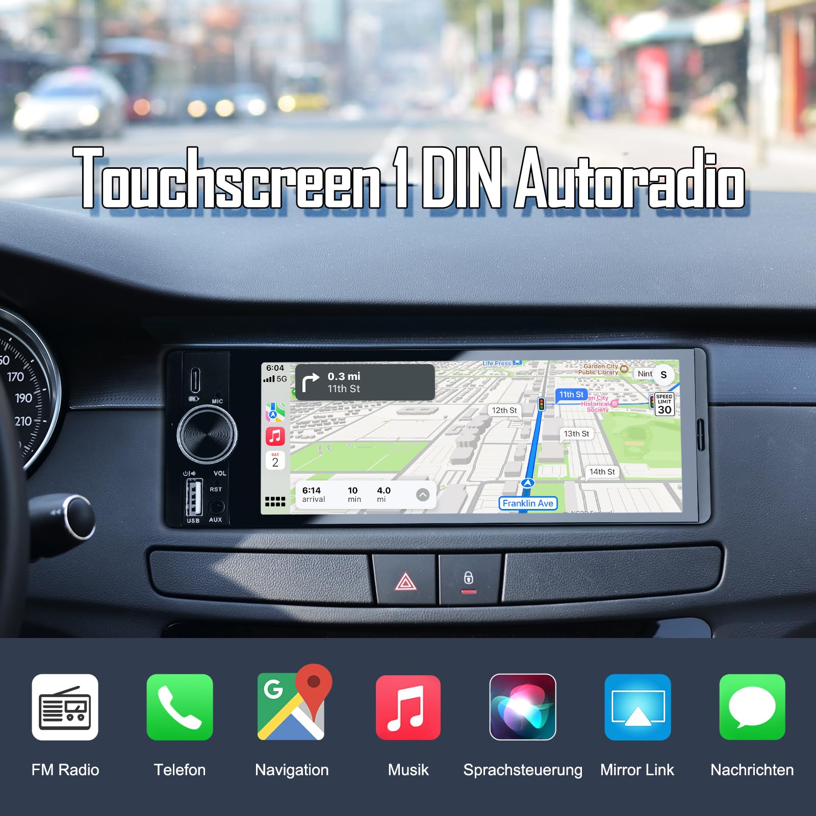 1 DIN Autoradio mit Wireless CarPlay & Android Auto, Auto Radio mit Bildschirm, GPS Navigation, FM, Bluetooth, Freisprecheinrichtung, Lenkradsteuerung, EQ, MirrorLink, AUX