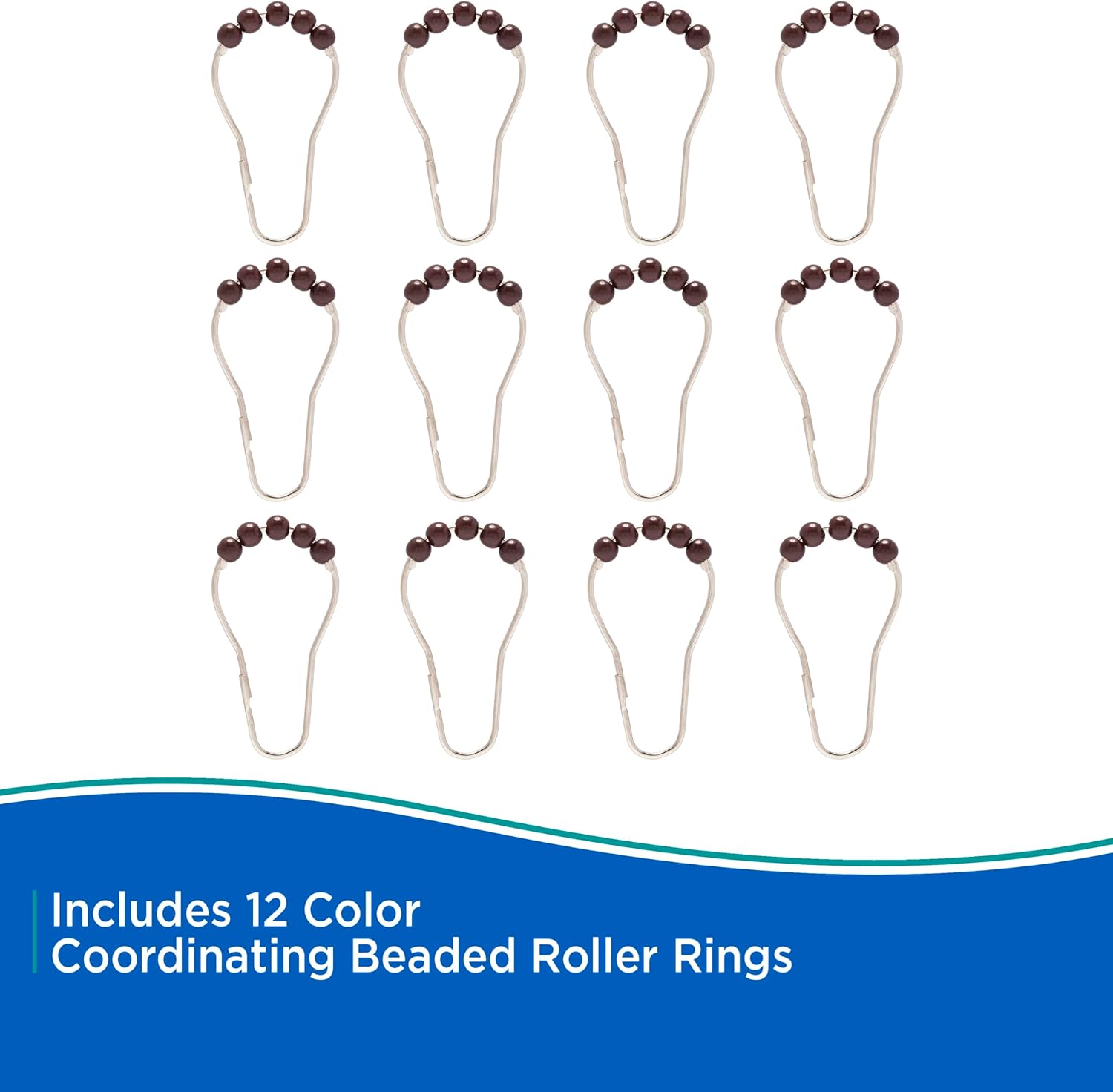 Kenney KN61759 Lightweight 3 Gauge Waterproof PEVA Shower Curtain Liner with Durable Eyelet Hang Holes, Weighted Magnetic Hem, and 12 Piece Beaded Roller Ring Set for Bathroom, 70" W x 72" H, Brown