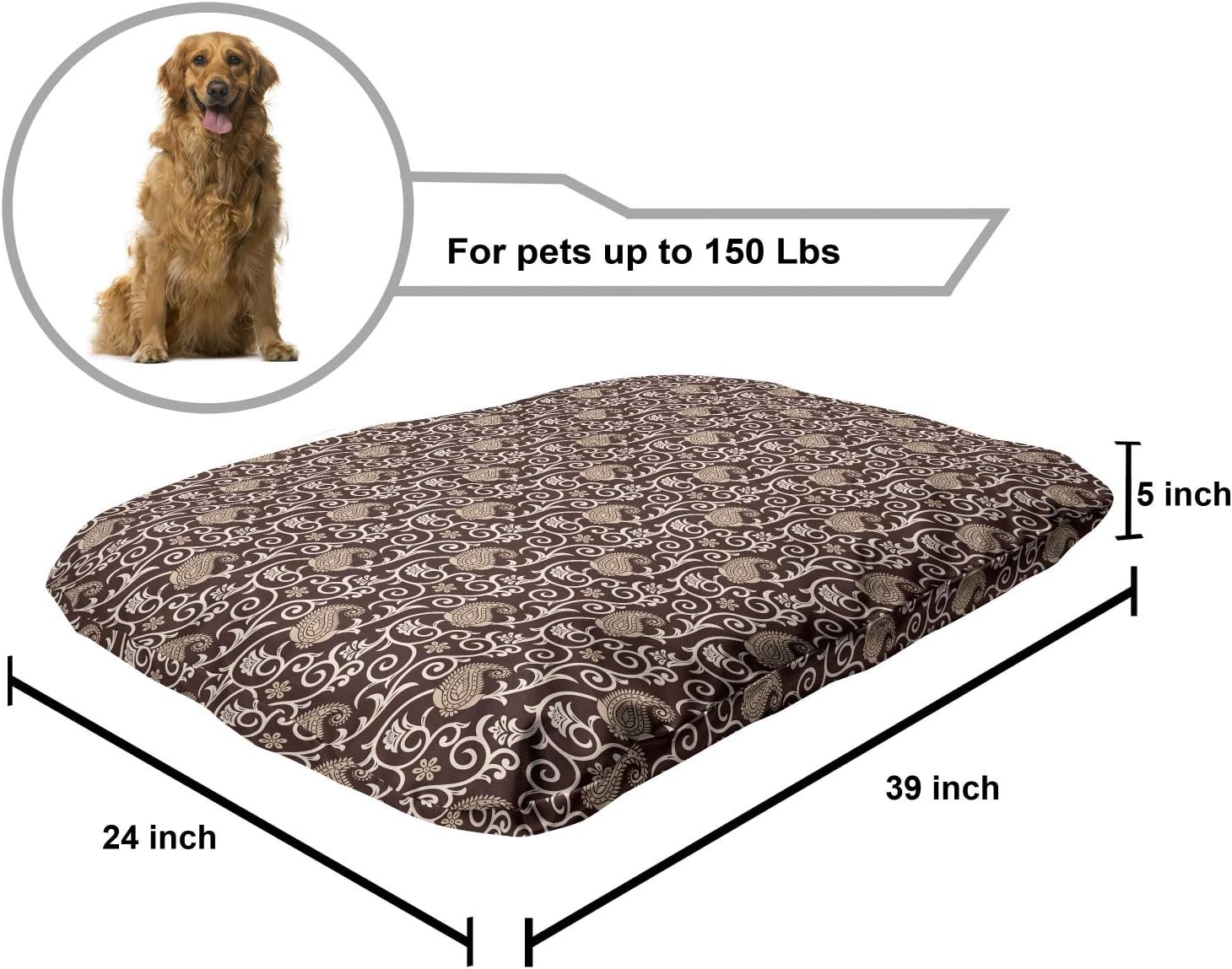 review Lunarable Geometric Pet Bed, Paisley Pattern of Floral Inspired Curved Shapes in Muted Tones Repetition, Chew Resistant Pad for Dogs and Cats Cushion with Removable Cover, 24