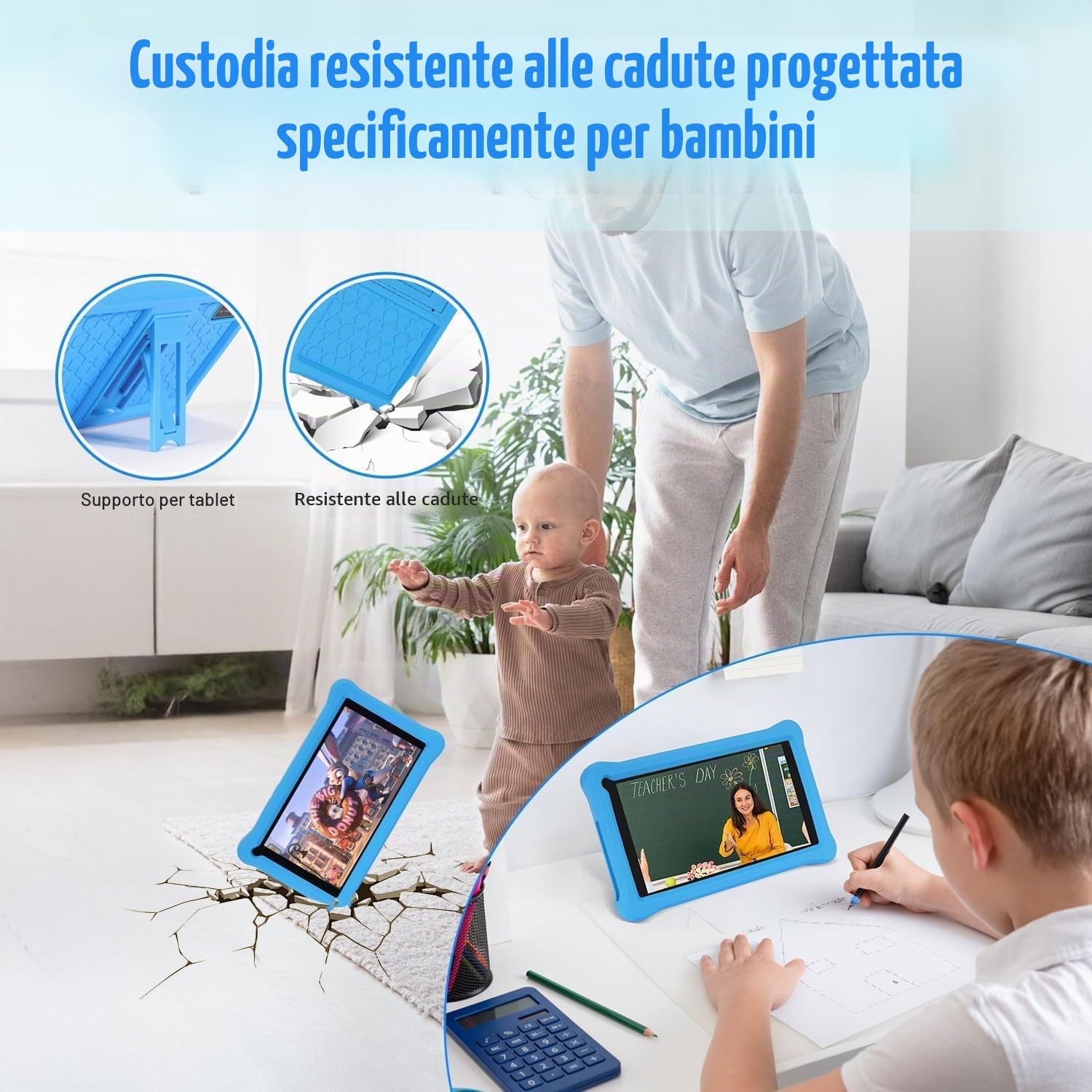 Tablet per bambini 7 pollici, Android 13, 8 GB RAM + 64 GB ROM (espandibile 256 GB), controllo genitori, schermo HD IPS, certificato GMS, Wi-Fi, tablet educativo bambini con custodia (blu)