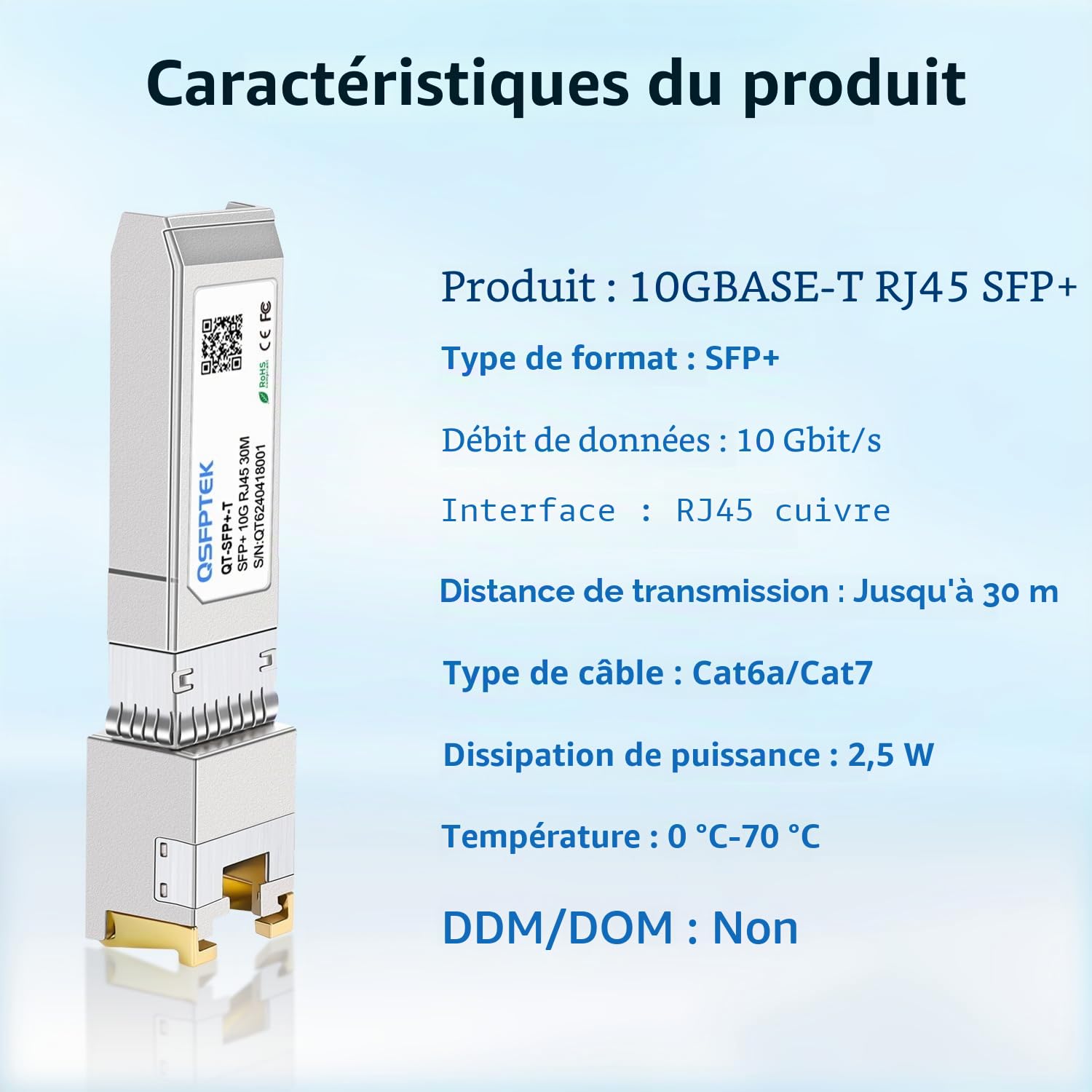 QSFPTEK (2Pack) 10GBase-T RJ45 SFP+ 30m Cuivre Module 10G SFP+ RJ45 Mini-GBIC SFP+ vers RJ45 pour Cisco SFP-10G-T-S, Ubiquiti UF-RJ45-10G, Netgear, Mikrotik, jusqu'à 30m