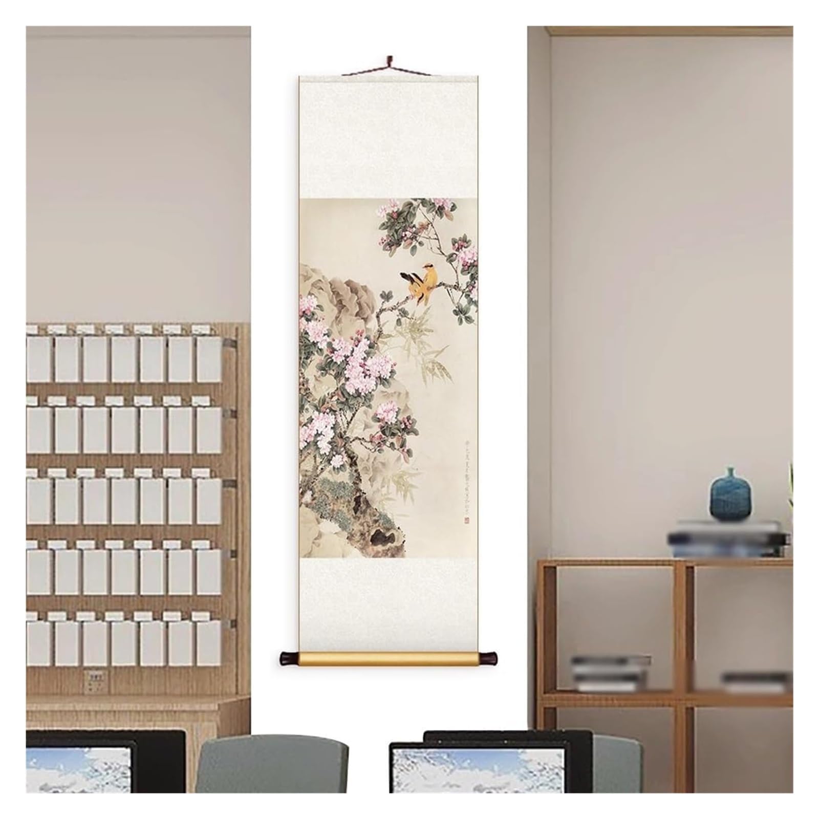 Chiński jedwabny zwój z motywem ptaka kwiatowego, ręcznie robiona dekoracja ścienna do salonu, orientalny wystrój artystyczny, prezent na parapetówkę(Creamy White,50L x 158W cm)