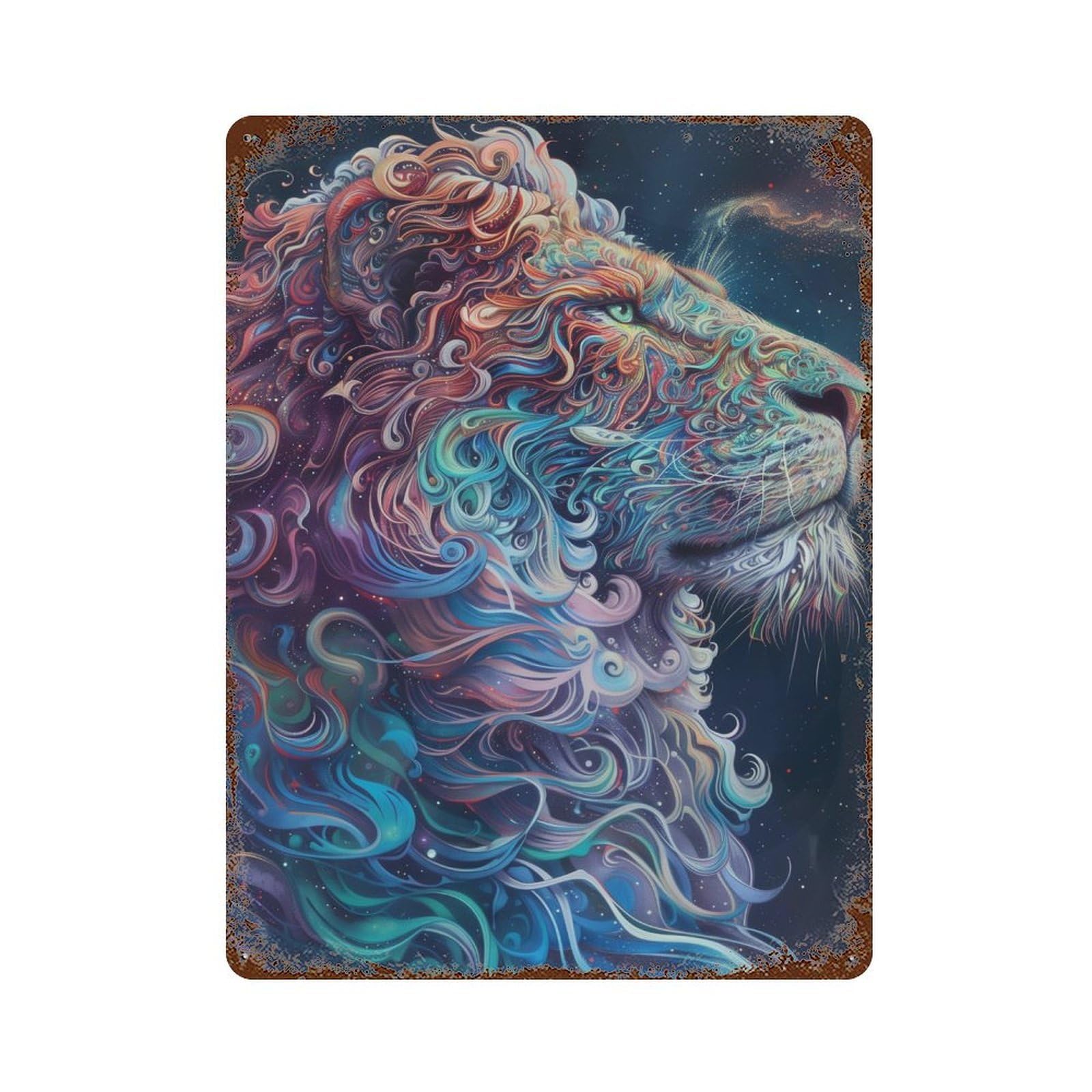 Lion Art Print Rust Effect Tin Sign 15.7"x11.8", Vintage Wall Decor for Pub, Kitchen And Man Cave Decor