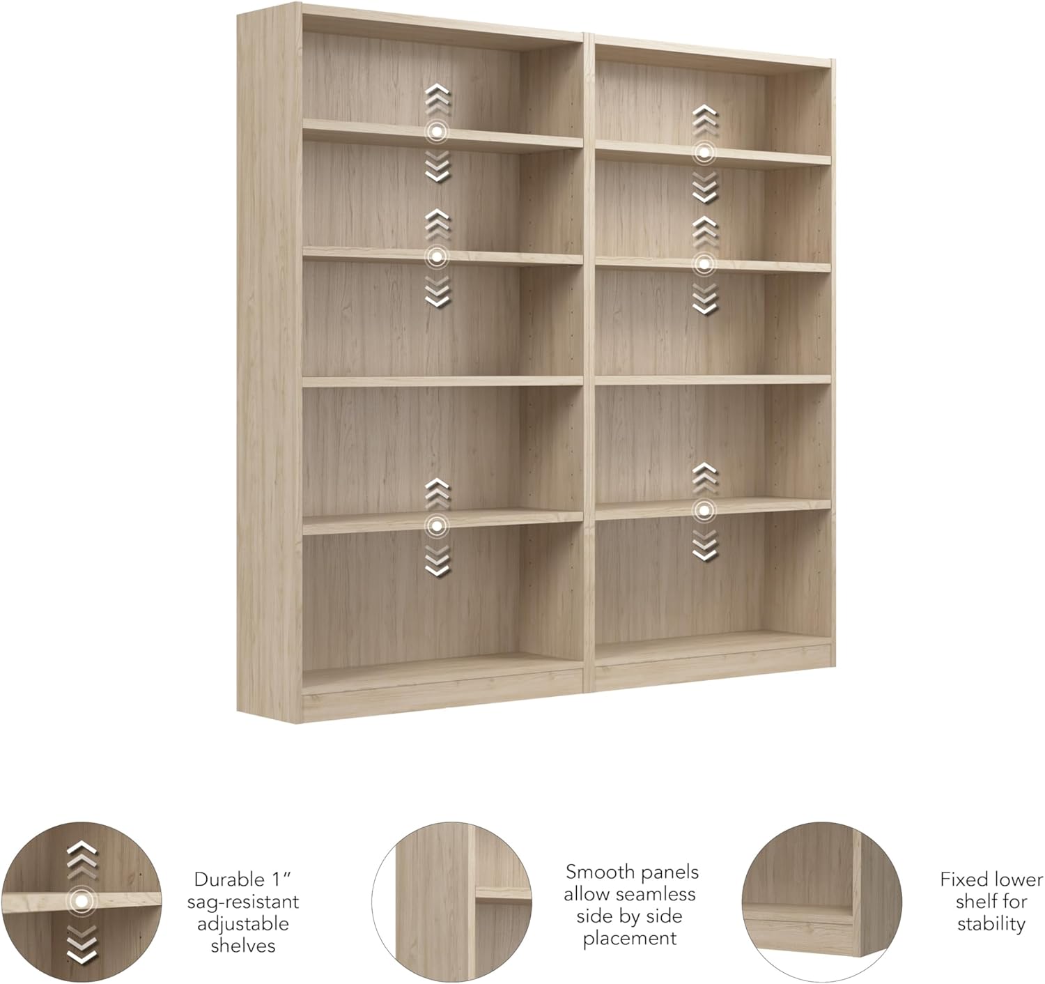 Bush Home Universal Tall 5 Shelf Bookcase in Natural Elm - Set of 2, Matching Storage and Display Bookshelves for Home Office or Living Room Organization