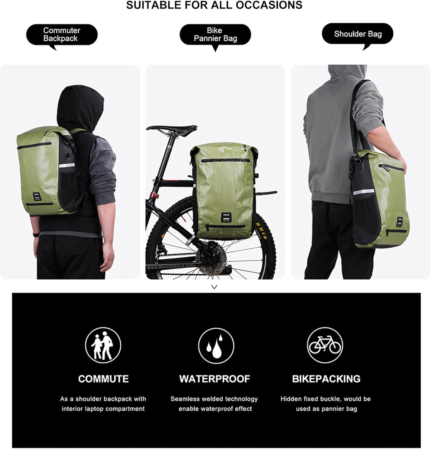 Bike Pannier Bag Multifunctional Bicycle Bag Cycling Bicycle Rear Seat Bag Backpack Bike Trunk Bag Saddle Bag Backseat Pack Bag with Helmet Cover (Dark Green)