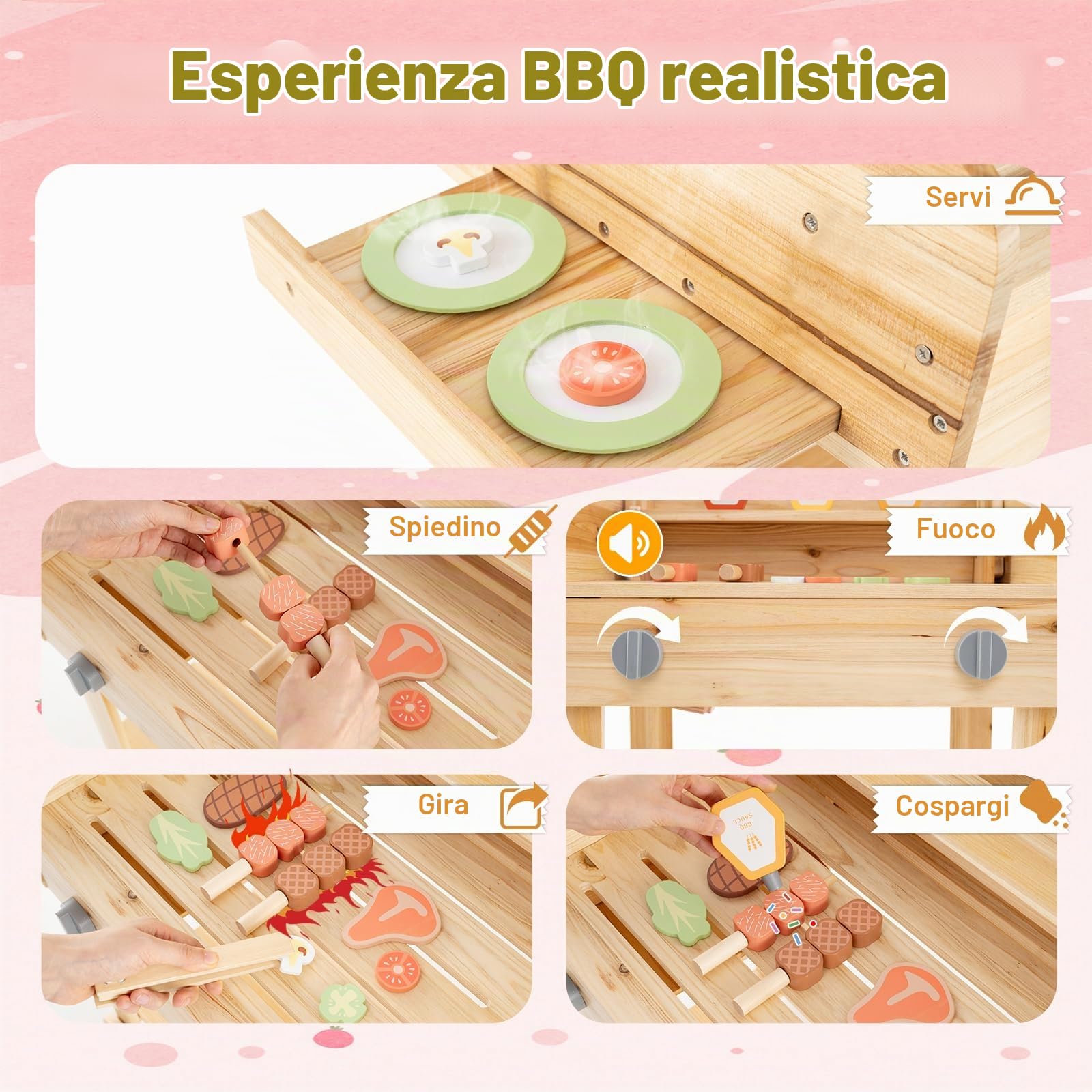 HOMASIS Barbecue Giocattolo per Bambini in Legno, Gioco Griglia Bambini con Utensili da Barbecue e Barattoli di Spezie, Cucina per Bambini dai 3 Anni in su, 53 x 36 x 63 cm, Naturale