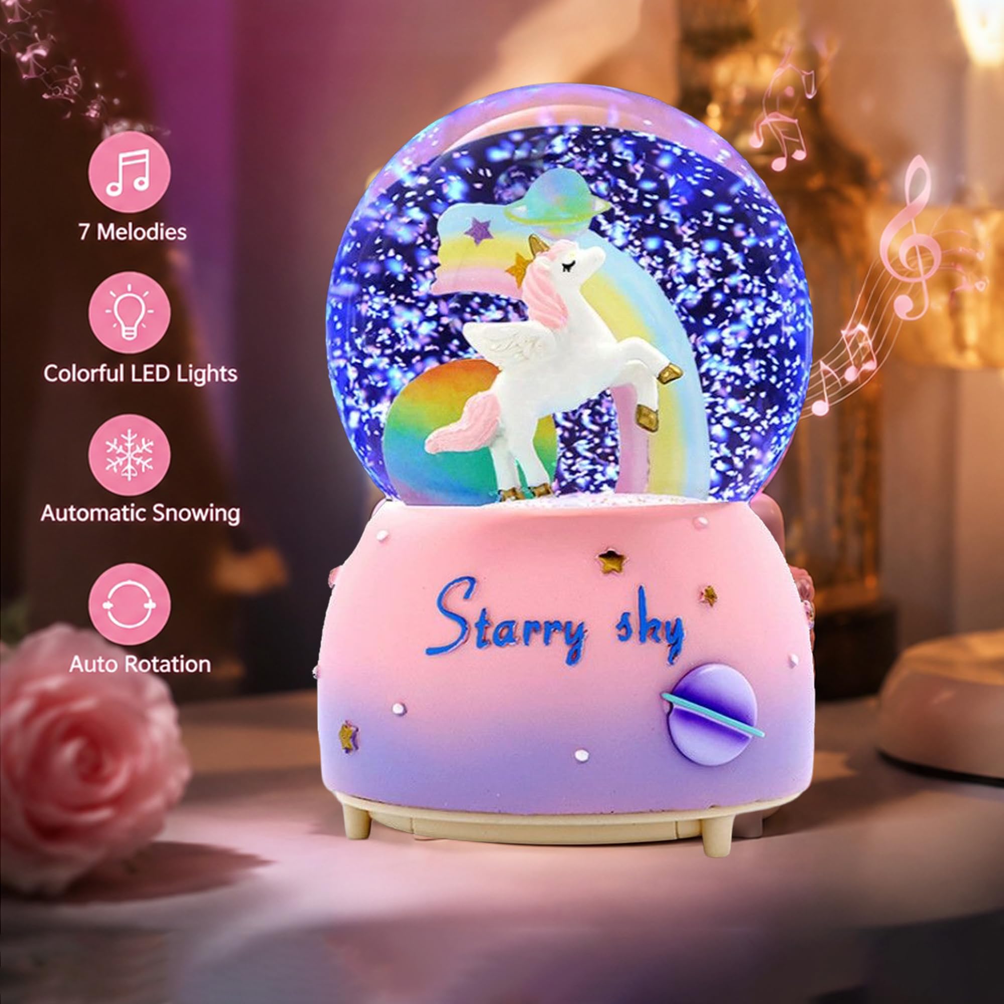 Boule à neige licorne arc-en-ciel pour enfant, fille, garçon, musique, cadeau de Noël ou d'anniversaire