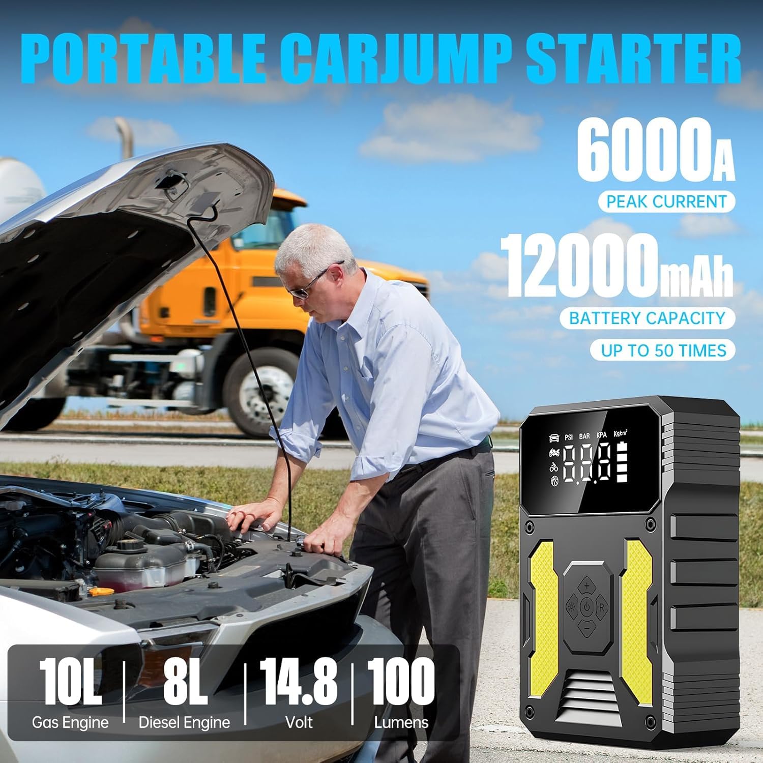 Auto Jump Starter Power Pack con compressore d'aria 6000A portatile batteria caricabatterie Booster Jump Box Jumper Power Pack Emergency Start Power Bank con torcia LED e display a LED (giallo)