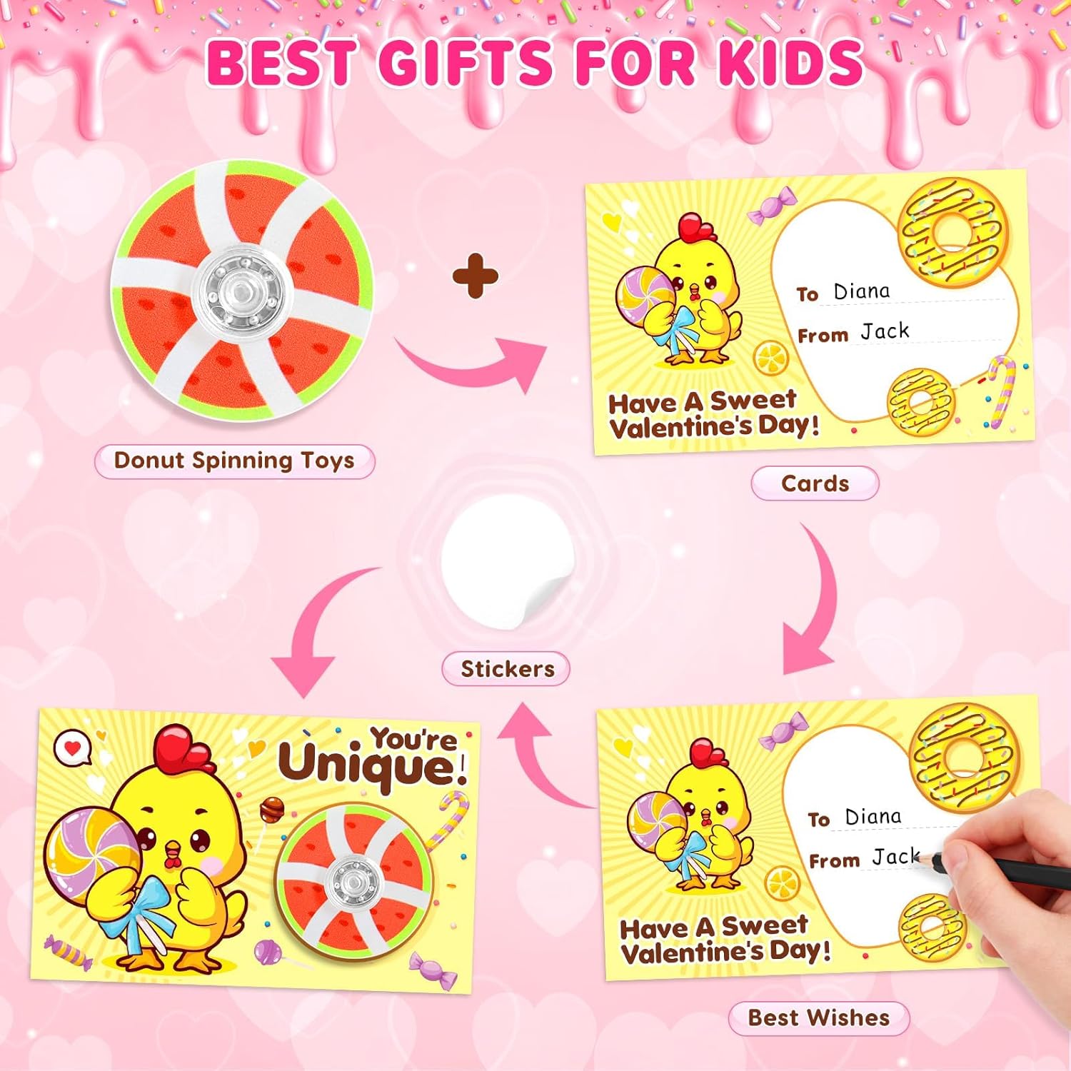 Valentines Day Cards for Kids School, 30 Pack Donut Fidget Spinners Toys with Valentines Cards, Valentines Day Gifts for Kids Classroom, Valentine's Party Favors, Valentine's Prizes for Boys Girls