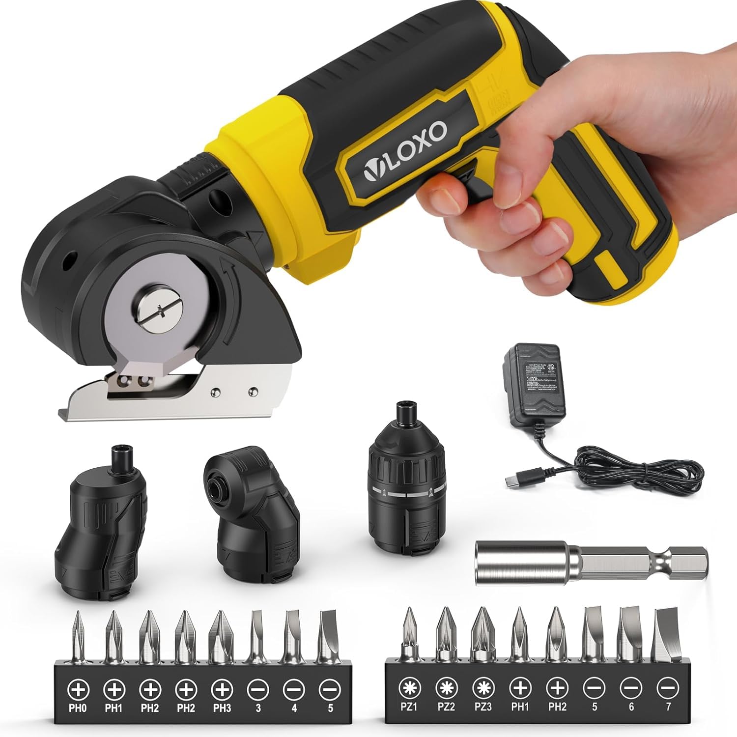 VLOXO 4 in 1 Avvitatore Cacciavite Elettrico Batteria 7.0Nm 4V mandrino esagonale magnetico Cacciavite Elettrico con accessori angolare, coppia, taglio ed eccentrico, per tagliare e avvitare
