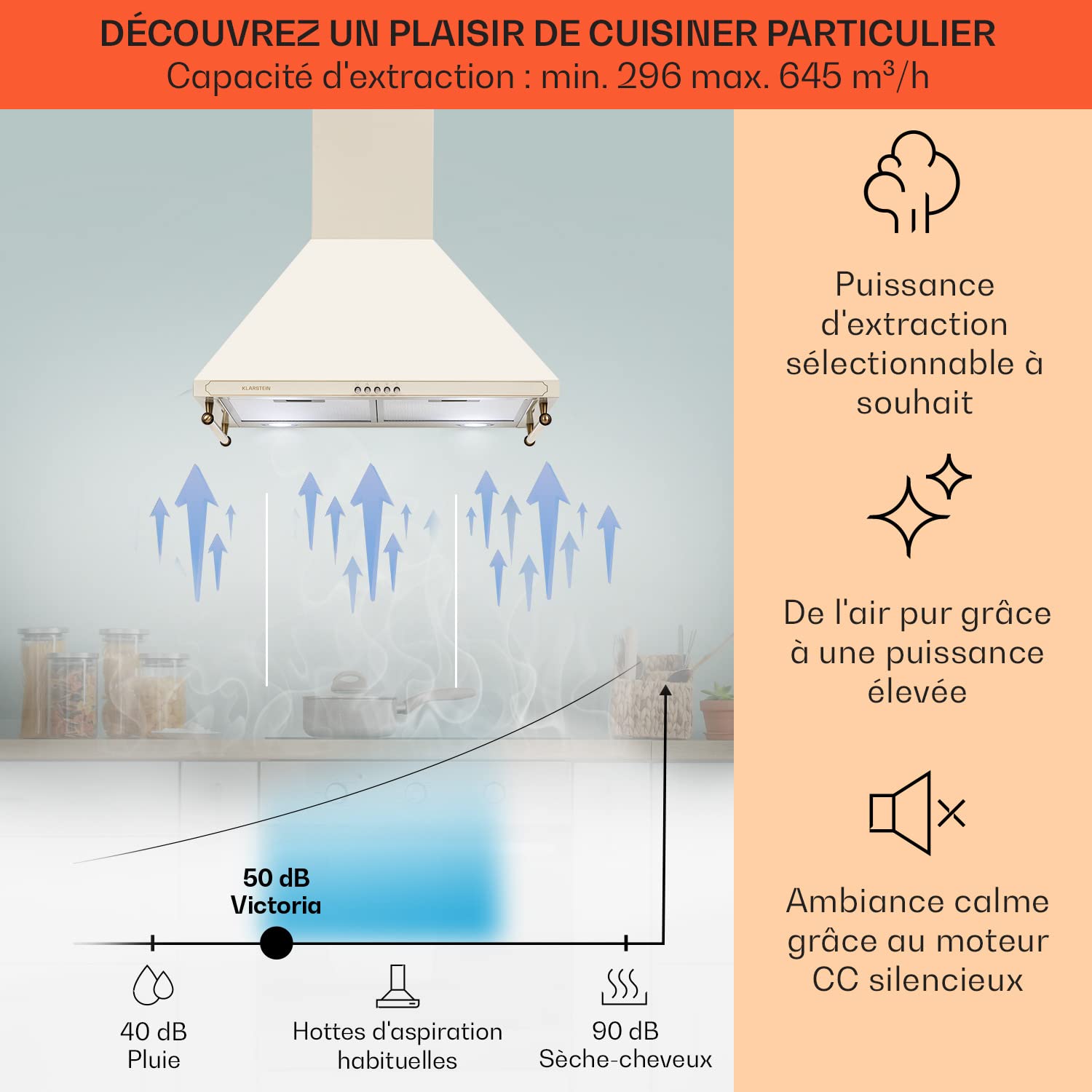 Klarstein Hotte Aspirante 60cm, Hottes de Cuisine avec Filtre de Hotte en Aluminium, Débit d'Air Puissant de 645m³/h, Eclairage LED, Extracteur d'Air Silencieux, Hotte Efficace avec Evacuation