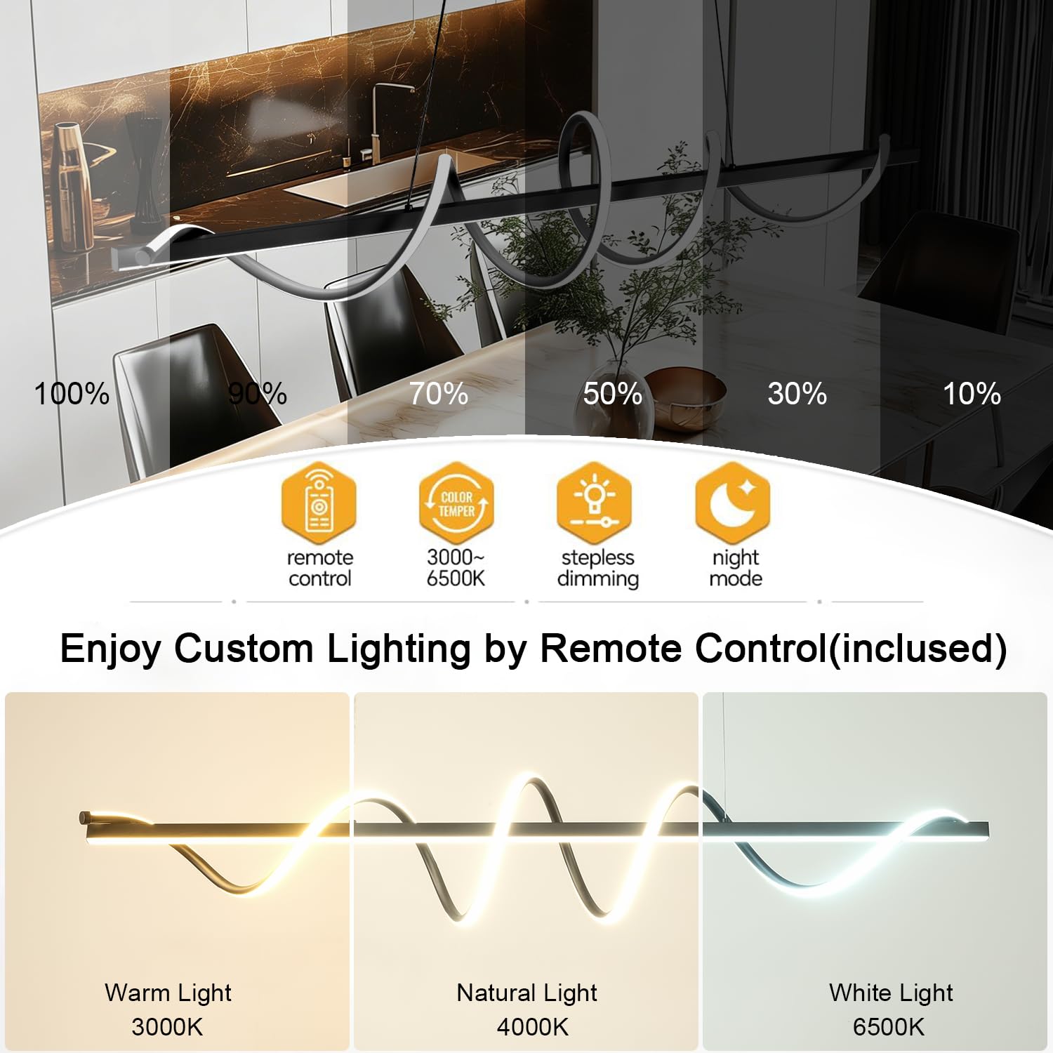 Lampada moderna a isola da cucina, 3000 K-6500 K, lampada a sospensione nera con striscia luminosa in silicone morbido da 150 cm, fai da te