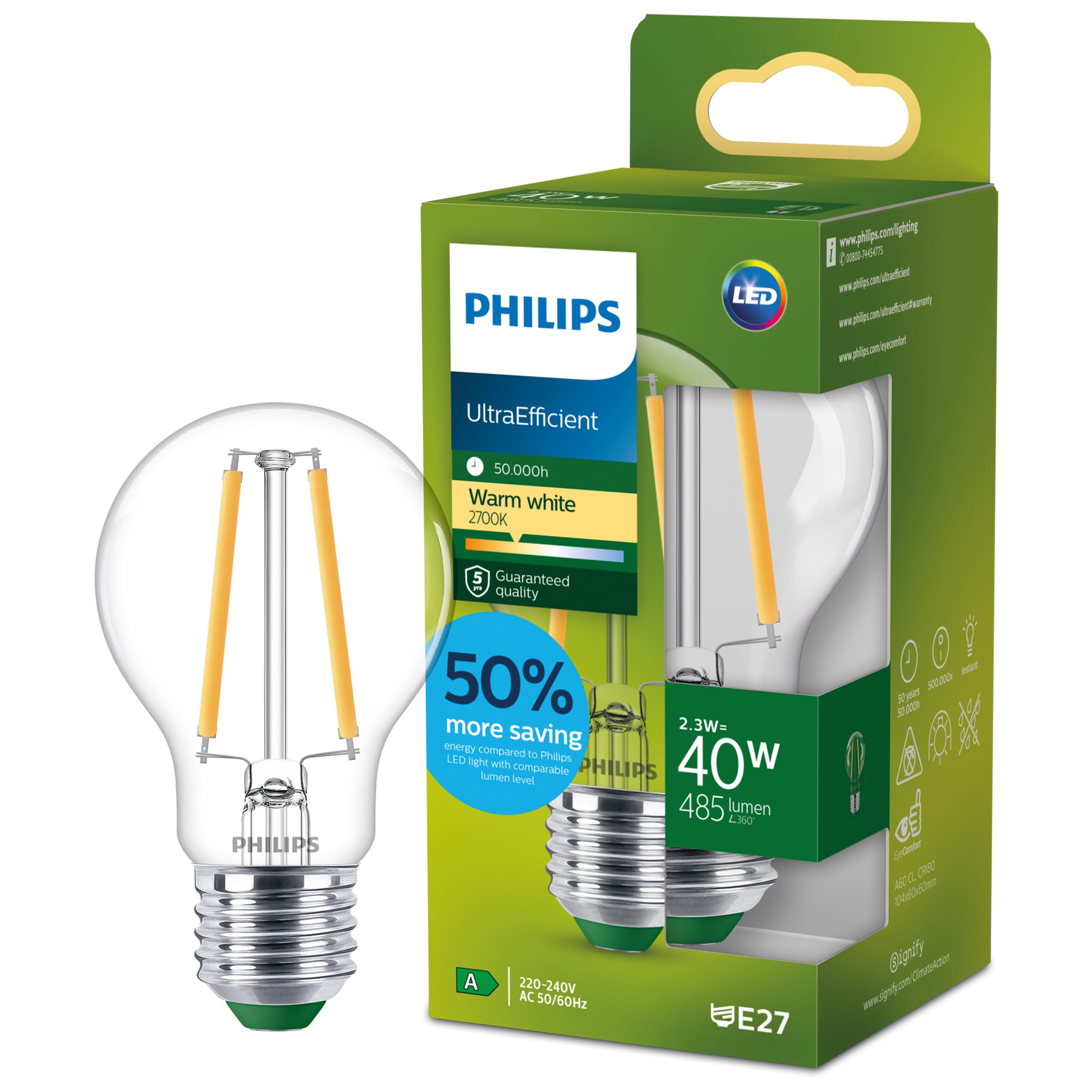 Philips E27 Led Bulb A60 2.3W 485Lm 2,700K Clear