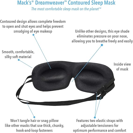 Mack's Dreamweaver Contoured Sleep Mask - Comfortable, Adjustable, Dual Strap Eye Mask with Ultra Soft Foam Earplugs