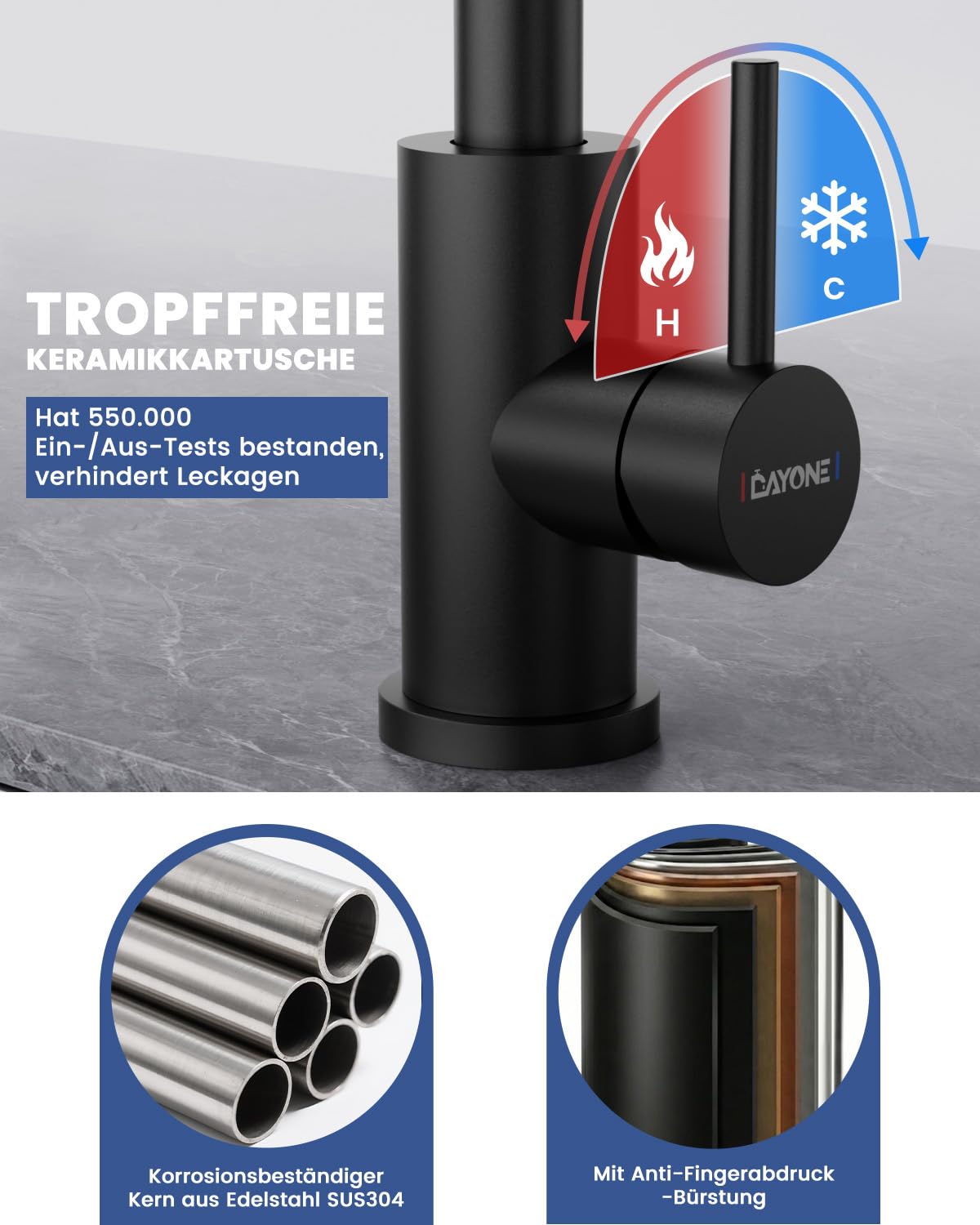DAYONE Niederdruck Armatur Küche Schwarz, Küchenarmatur Ausziehbar mit 3 Strahlarten, Edelstahl Mischbatterie mit 3 Anschlüssen, 360° Drehbare Wasserhahn Küche, Niederdruck Spültischarmatur für Boiler