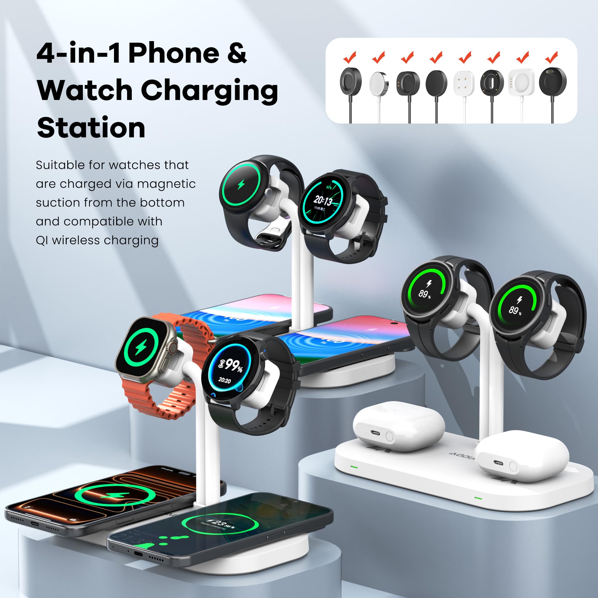 4-in-1 Dual Phone Wireless Charging Dock und Dual Watch Ladegerät Ständer für iPhone 17/16/15/14/12, für AirPods/Buds, für Samsung S25-S21 für iWatch/Galaxy/Pixel/Fitbit (422-W)