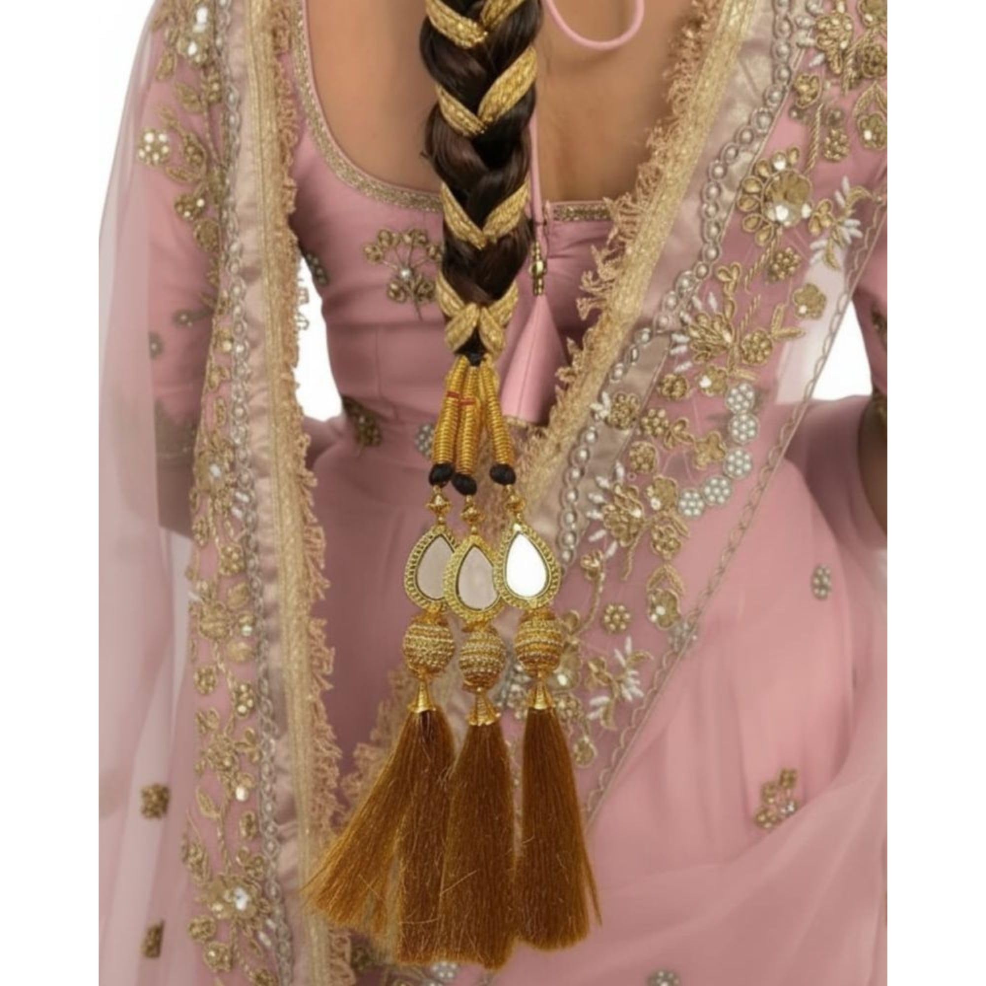 Heavy Design Parandi with Golden Gotapatti Dori, Hair Braid Extension, Mirror Work, Patiala Shahi Paranda, Black and Golden-image-26