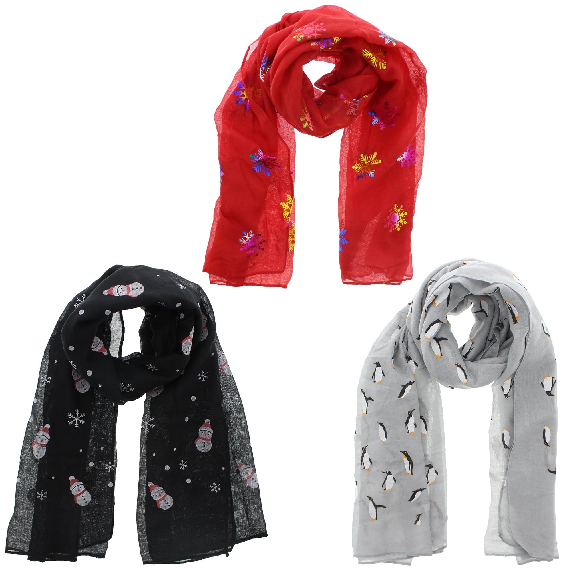 Zac's Alter Ego Set of 3 Ladies Lightweight Assorted Colour Rainbow Snowflakes/Mini Penguins/Snowmen & Snowflakes Christmas Festive Print Scarves