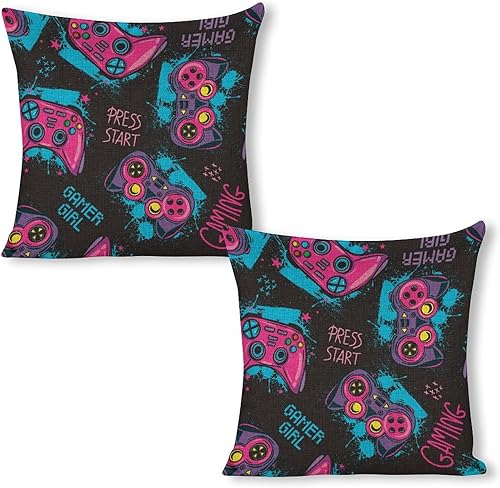 Miniatura 8 de Doodles Joystick - Juego de 2 fundas de almohada de 18 x 18 pulgadas, fundas de almohada de lino para juegos, fundas de almohada cuadradas