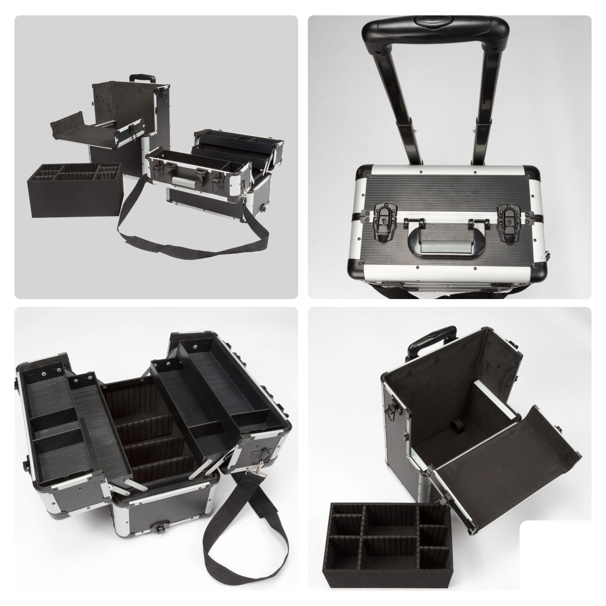 Perel Maletín de herramientas con ruedas aluminio negro, trolley con mango telescópico, 3 compartimentos con organizador y bandeja interior, cerradura con 2 llaves, 370 x 225 x 670 mm, 66,9 l