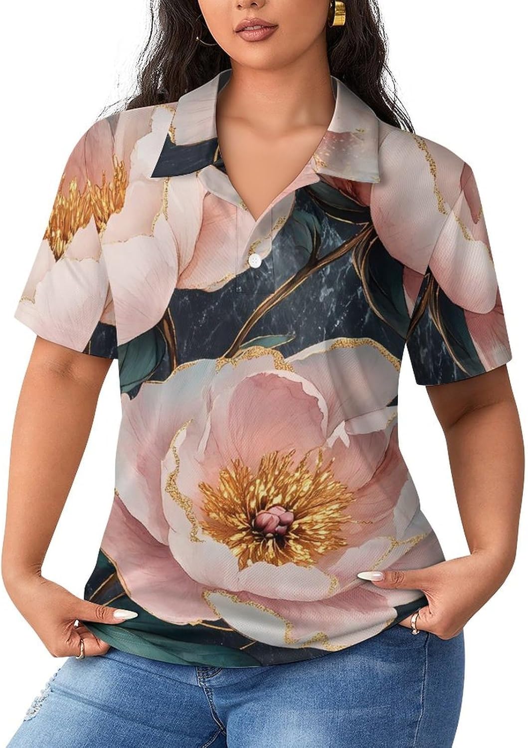 Peony Flower Marble Women's Golf Polo Shirts Short Sleeve Quick Dry Tennis Tops Casual Work Blouses