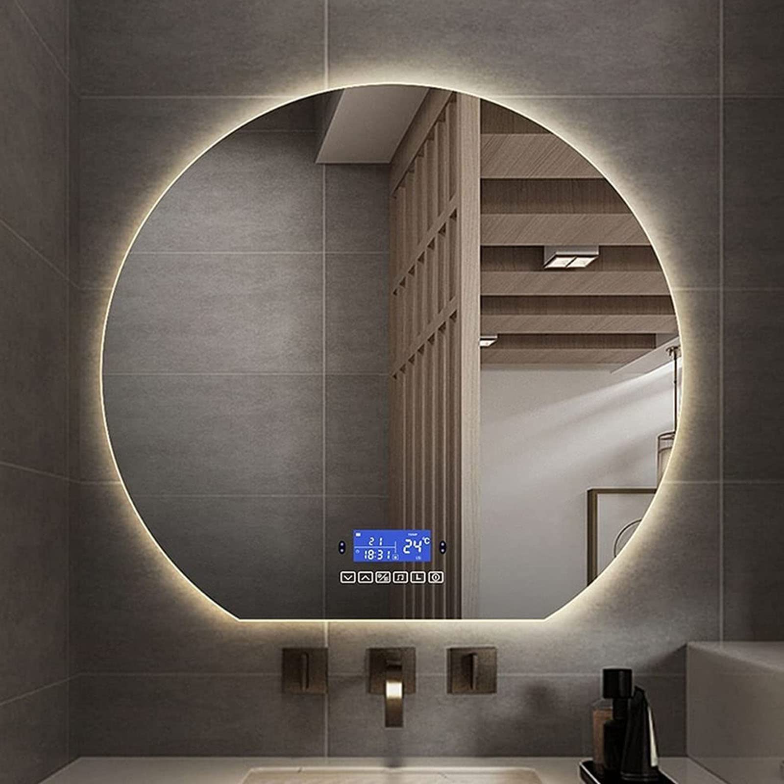 Specchi da Bagno Moderni montati a Parete, Specchio da Bagno, Specchio Rotondo a LED Intelligente, Specchio per Il Trucco, antiappannamento, con visualizzazione dell'ora e Bluetooth