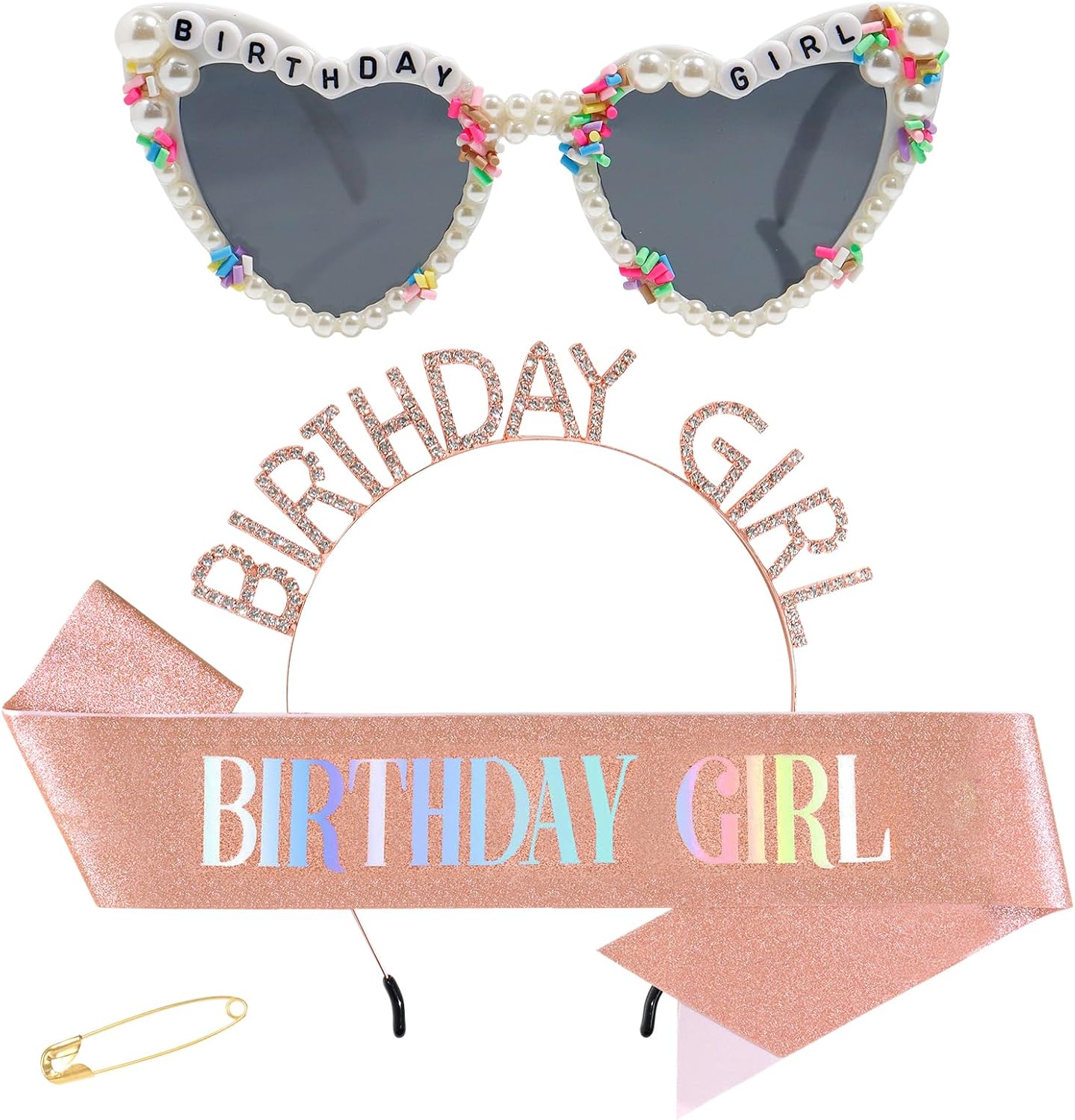 3Pcs Birthday Girl Sash Headband Set-Birthday Sash Tiara and Crown Sunglasses for Girls Women