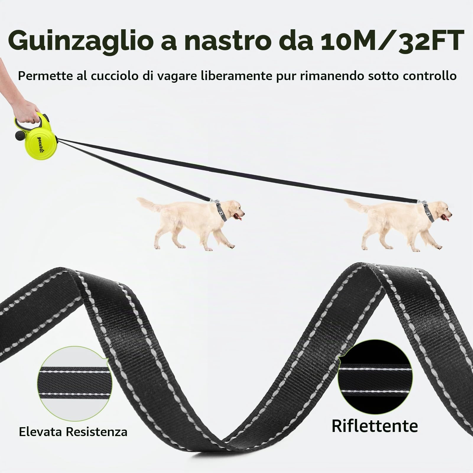 Pecute Guinzaglio Retrattile per Cani 10M (Fino a 50 Kg), Guinzaglio per Cane con Guinzaglio Esteso Senza Grovigli a 360°, Impugnatura Antiscivolo e Pulsante di Freno Rapido,Verde