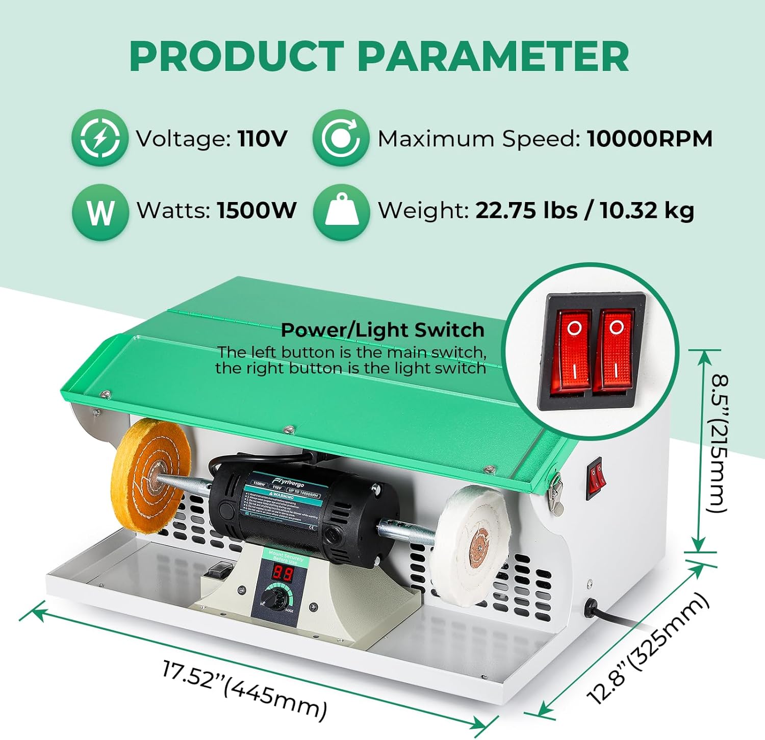 1500W Jewelry Polishing Machine with Display Screen, Bench Buffer Polisher 110V Variable Speed Jewelry Polisher Machine with Dust Collector, Exhaust Fan Blower, Work Light and Motor Housing