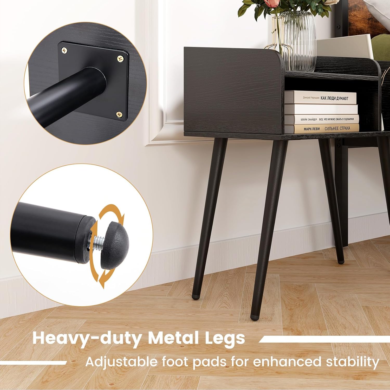 KOMFOTT 2-Tier Nightstand with Open Shelves, Mid-Century Modern Bedside Table with Metal Support Legs, End Table Side Table for Living Room, Bedroom (1, Black)