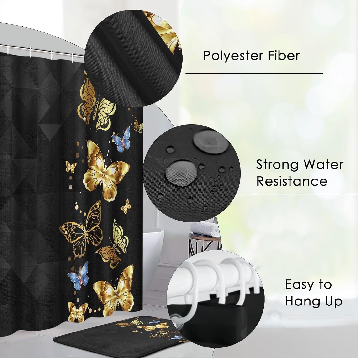 Pamnest 4 Pcs Shower Curtain Sets, Gold Blue Butterfly Moth Black Waterproof Bathroom Sets with Non-Slip Rugs, Toilet Lid Cover and Bath Mat, 12 Hooks, Accessories Home Bathroom Decor 72" X 72"