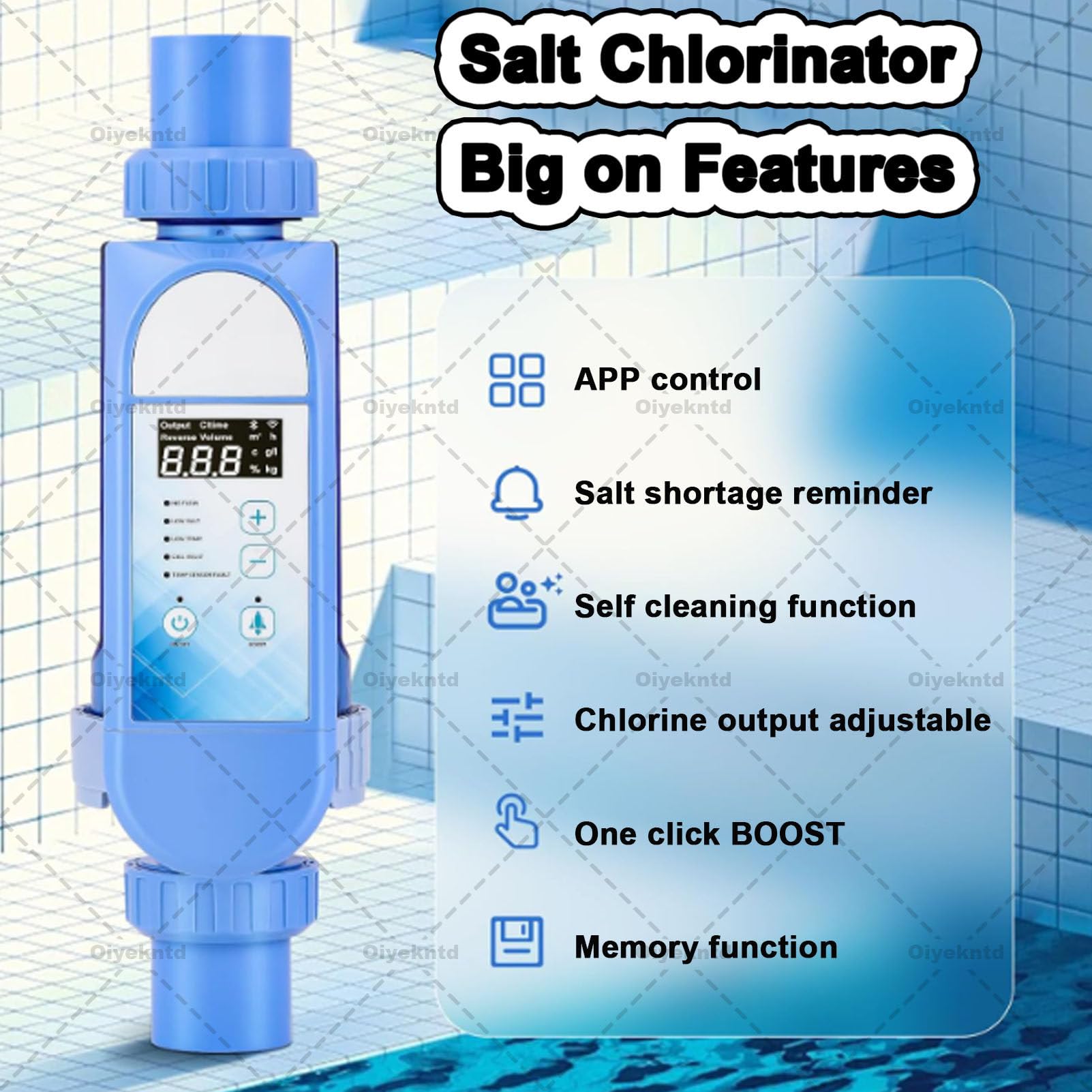 Clorador de Agua Salada, Sistemas generador de Cloro para Piscinas de Agua Salada con Limpieza automática para SPA, autolimpiable con Wi-Fi y Control Remoto por aplicación. 35M³/8g/h
