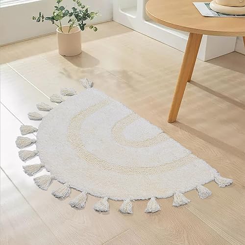 Miniatura 3 de Schweek Alfombra de baño bohemia de algodón de medio círculo con borlas, alfombra bohemia tejida a mano con alfombra antideslizante, alfombra de