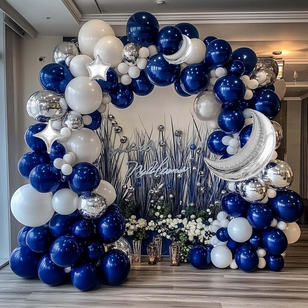 Navy Blue White Balloon Garland Arch Kit Double Stuffed Royal Blue Star Moon Balloons for Birthday Baby Shower Over the Moon Prince Graduation Wedding Space Astronaut Galaxy Party Decorations