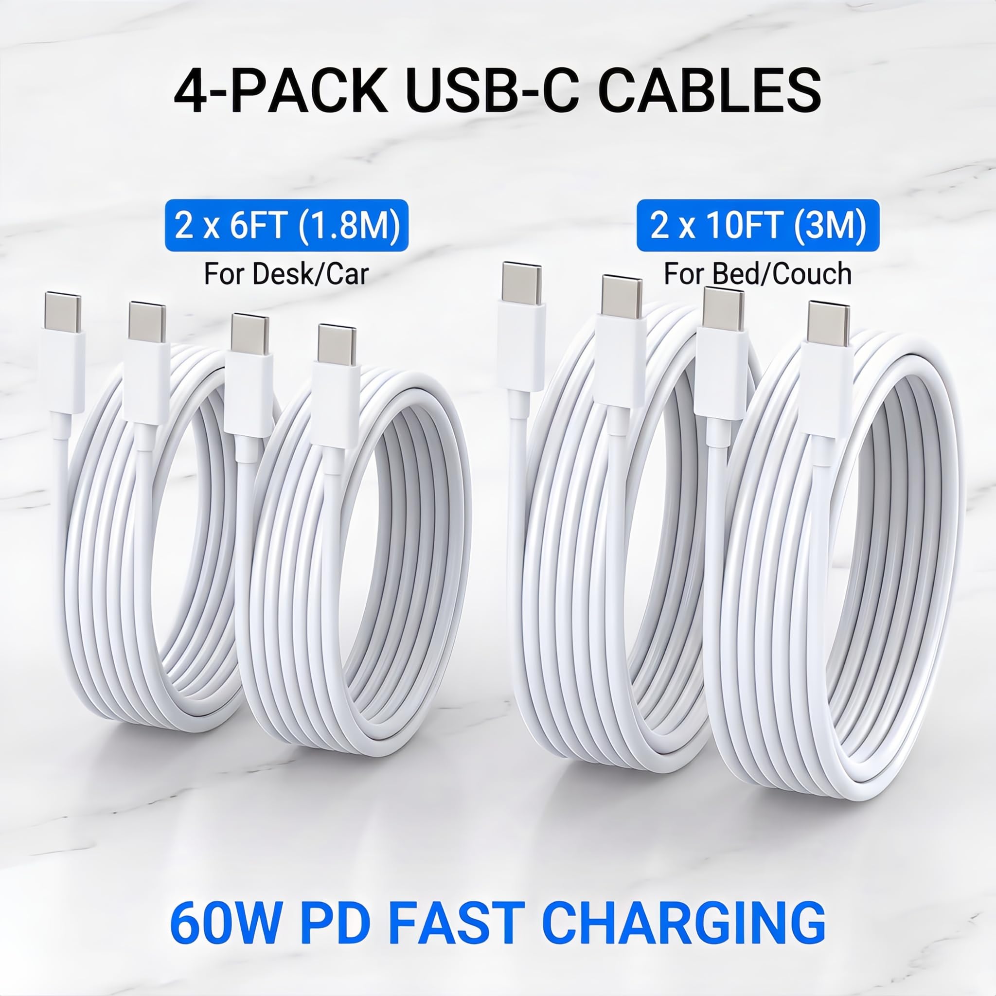 TZBAY Paquete de 4 cables de carga rápida USB-C a C de 60 W, cable de carga rápida tipo C a C para iPhone 17, 17 Air, 17 Pro, 17 Pro Max, 16,16 Plus, 16 Pro, 16 Pro, 16 Pro Max, 15, Pad Pro, Galaxy