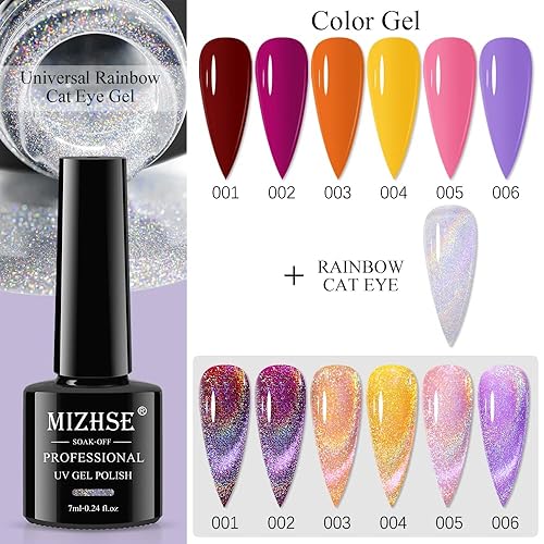 Miniatura 2 de MIZHSE Esmalte de uñas de gel universal arcoíris ojo de gato, esmalte de gel magnético holográfico 9D ojo de gato con barra magnética, esmalte de