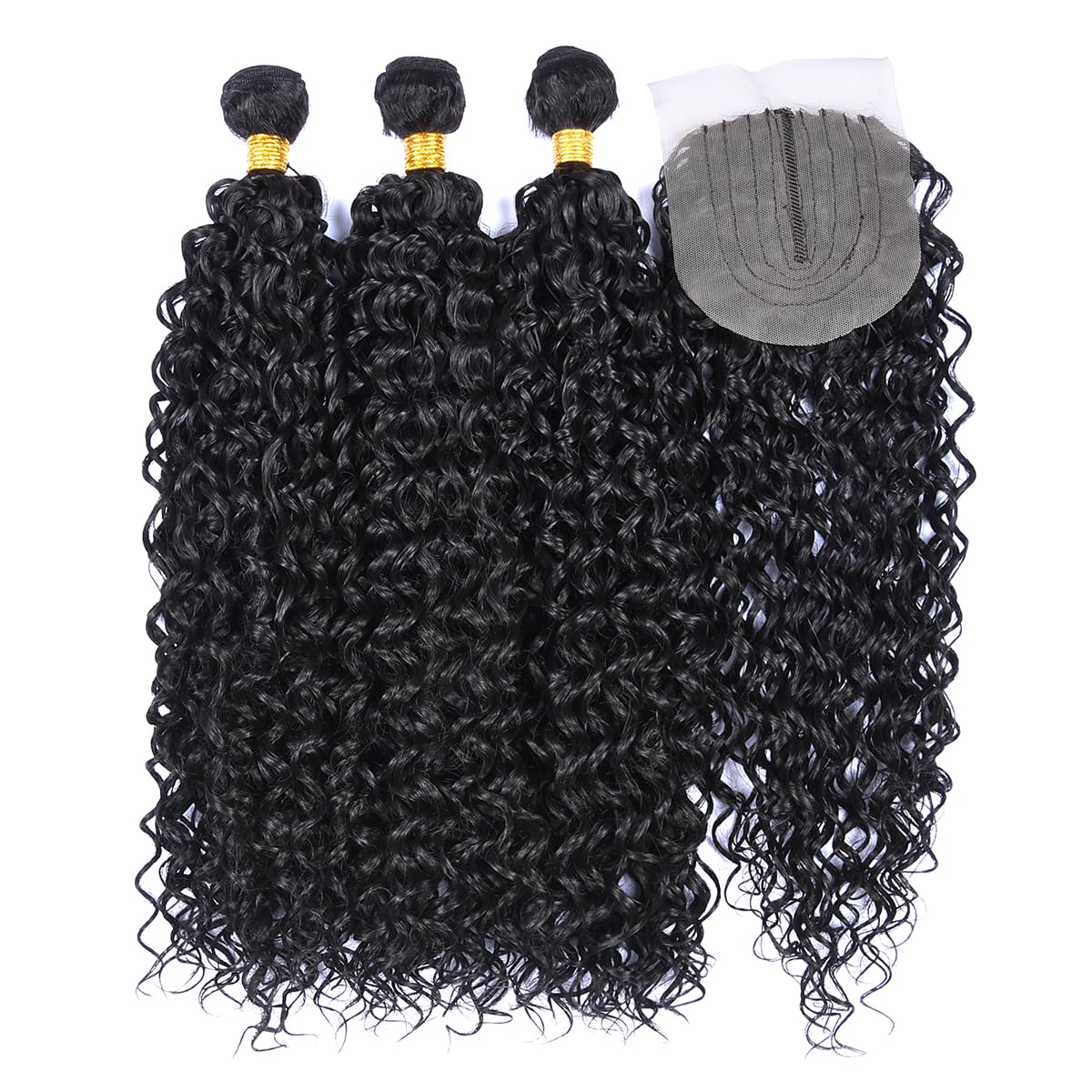 Luovce Synthetic Hair Extension Water Wave Synthetic Hair Weave Bundles 3 Bundles 22 inches with one Closure 230 Grams 1B Natural Colour - Image 2